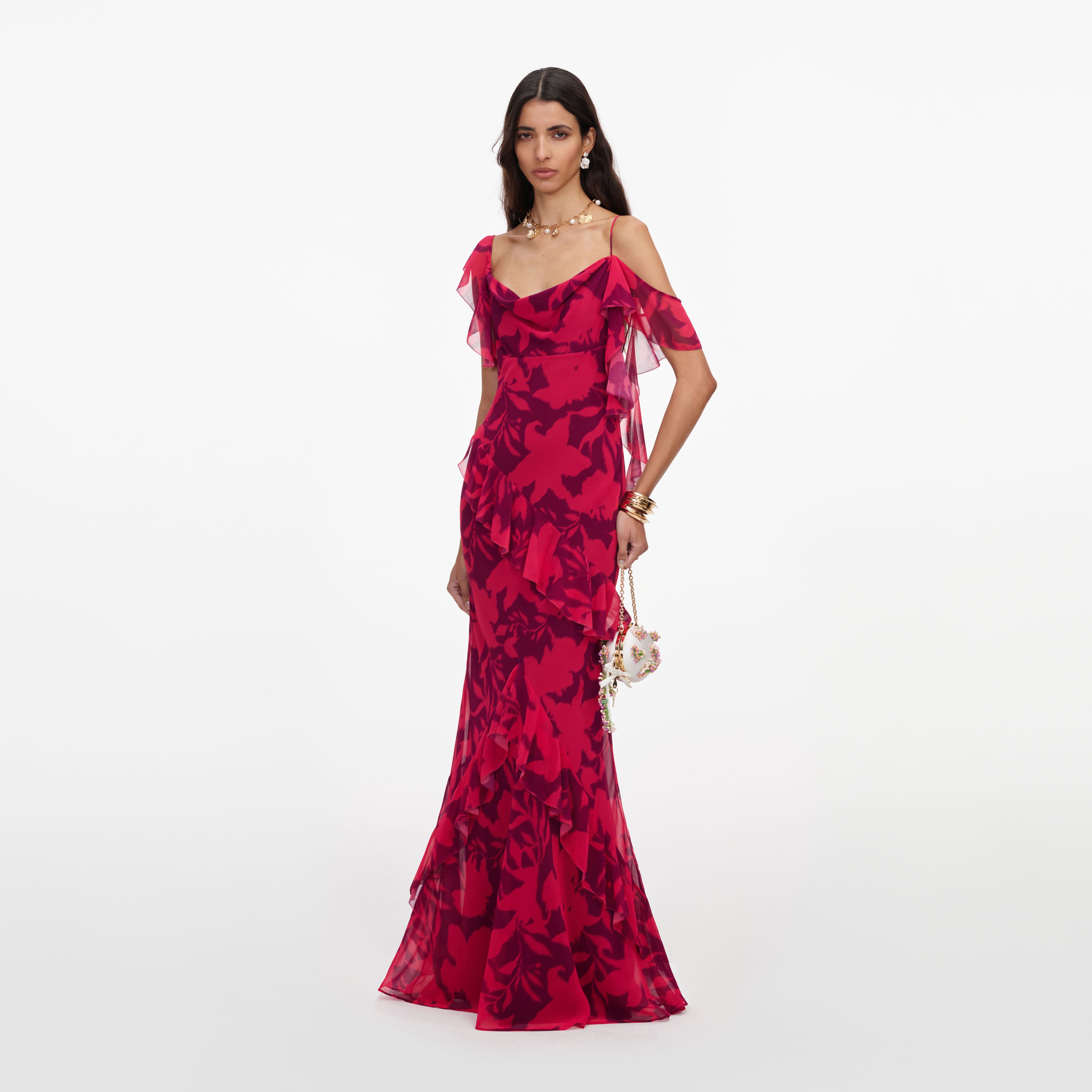 Self Portrait Floral Ruffle Maxikleid Pink Georgette UK 8