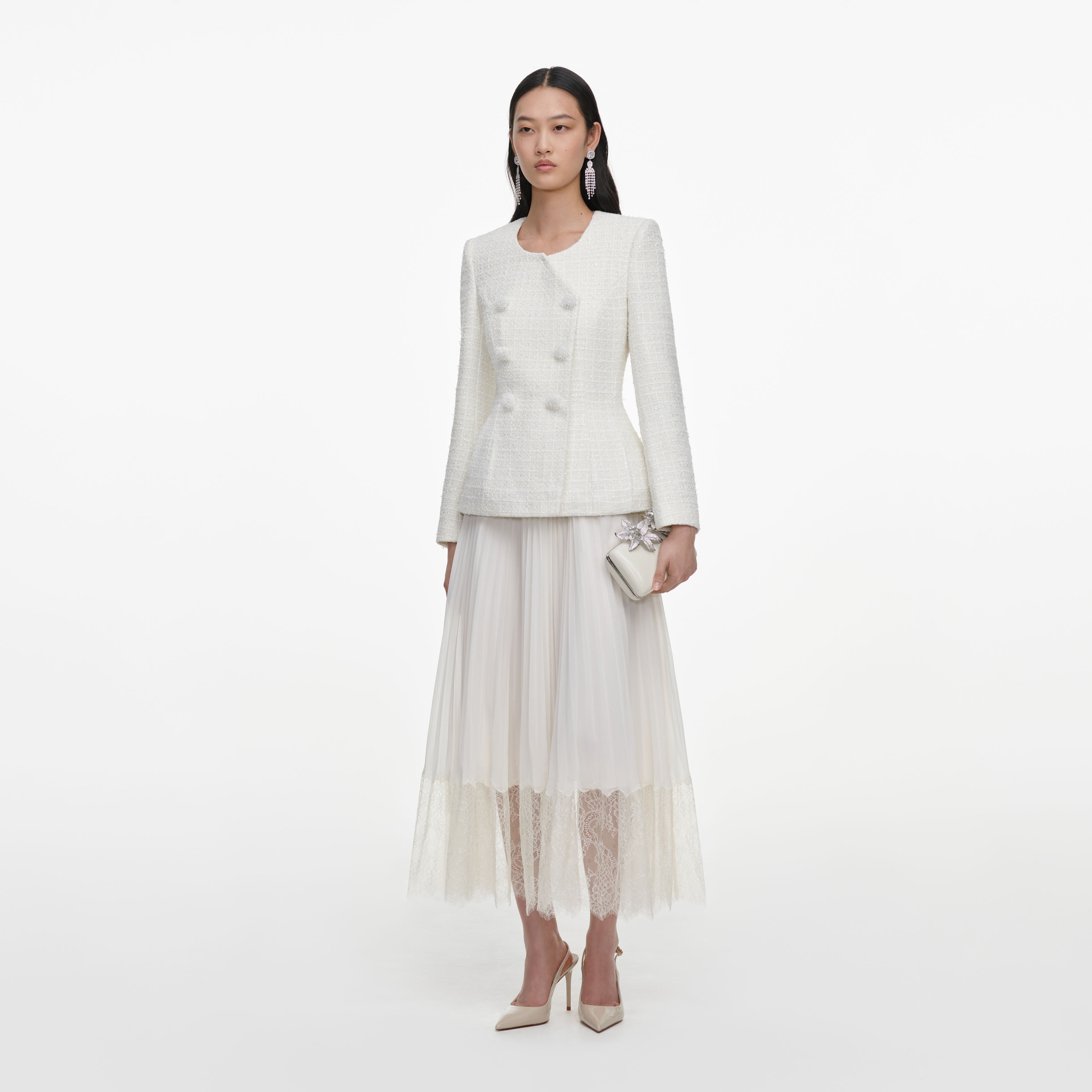Self Portrait Cream Boucle Wrap Midi Kleid Creme Wickel
