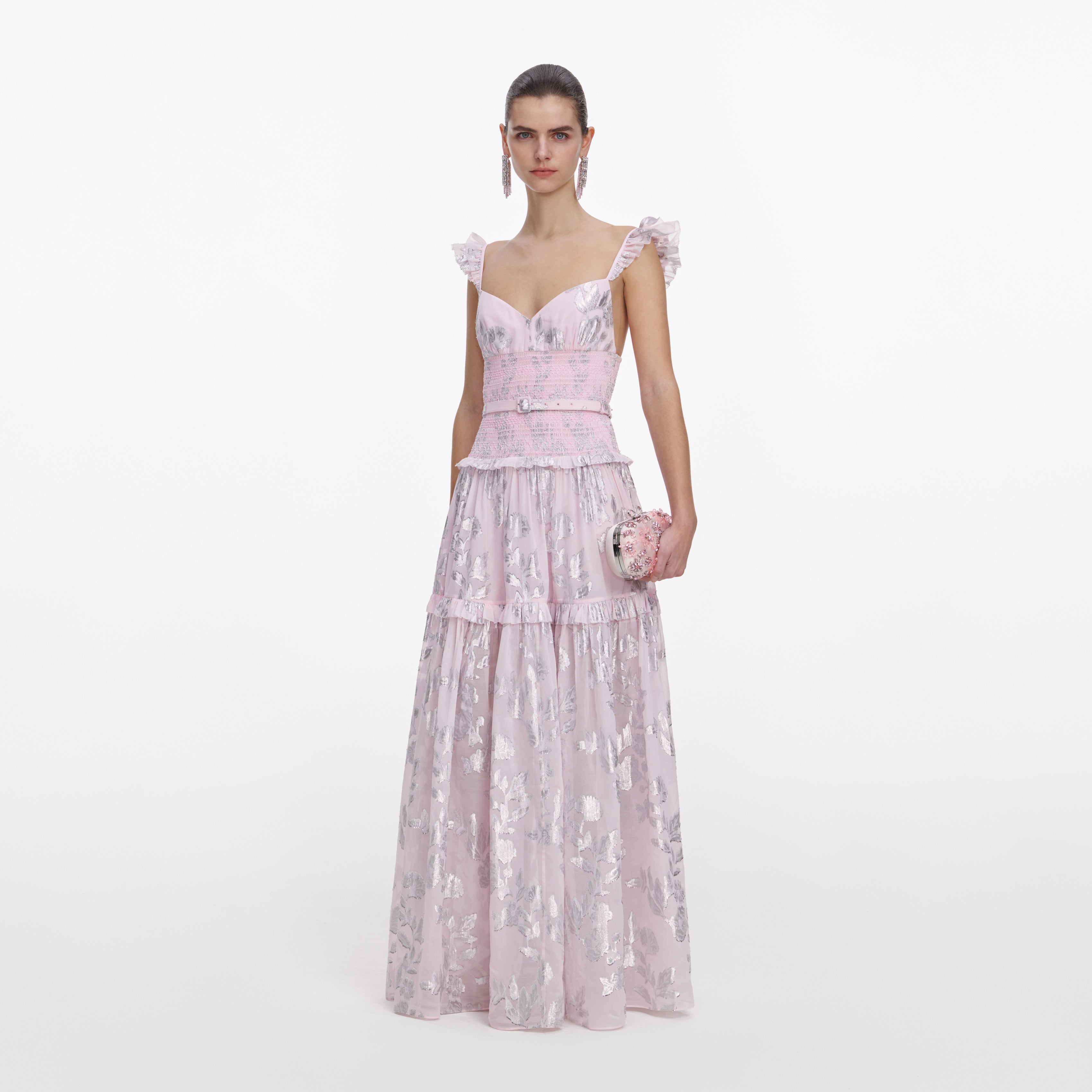 Self Portrait Pink Metallic Chiffon Flower Maxi Dress Pink