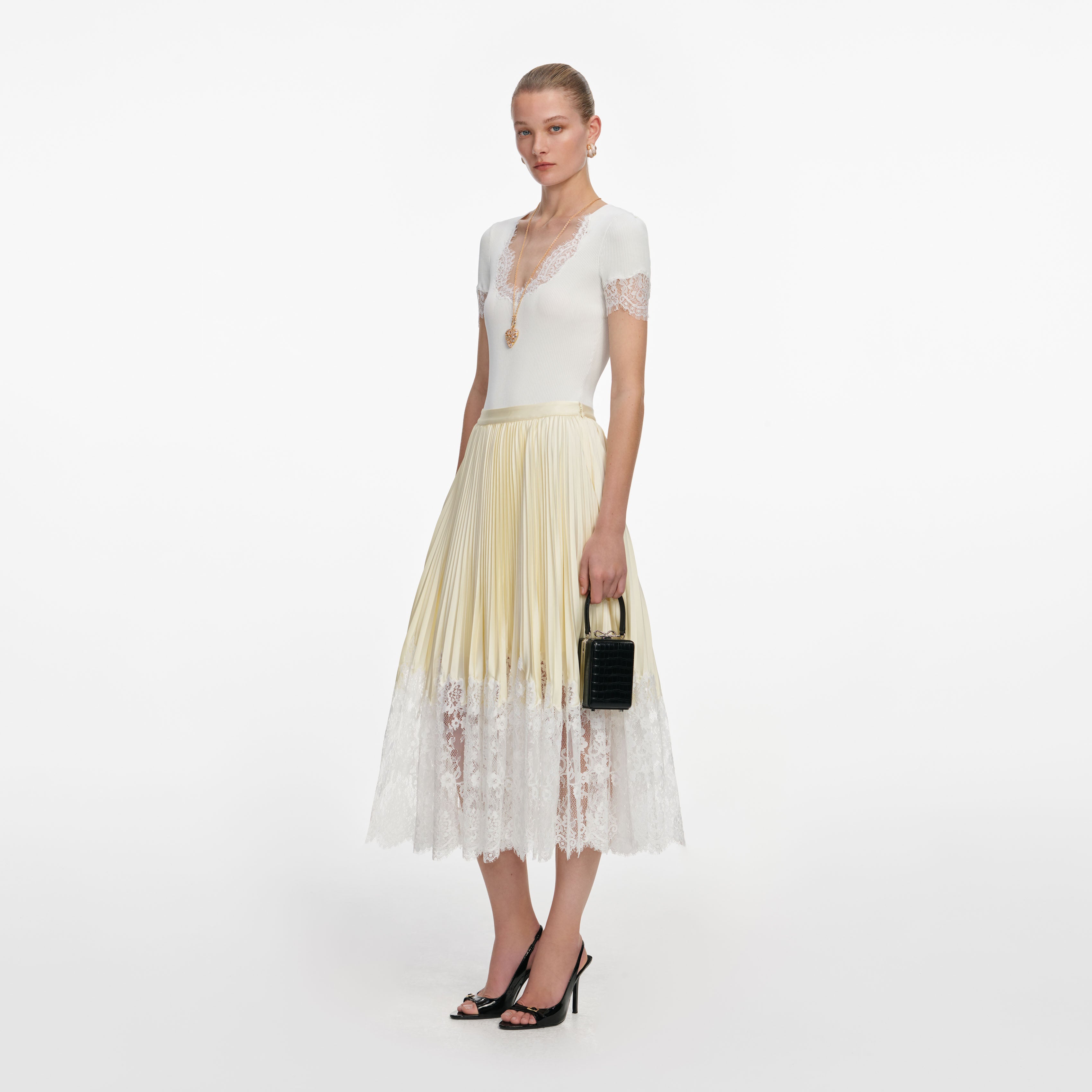 Self Portrait Yellow Satin Lace Midirock gelb UK 6
