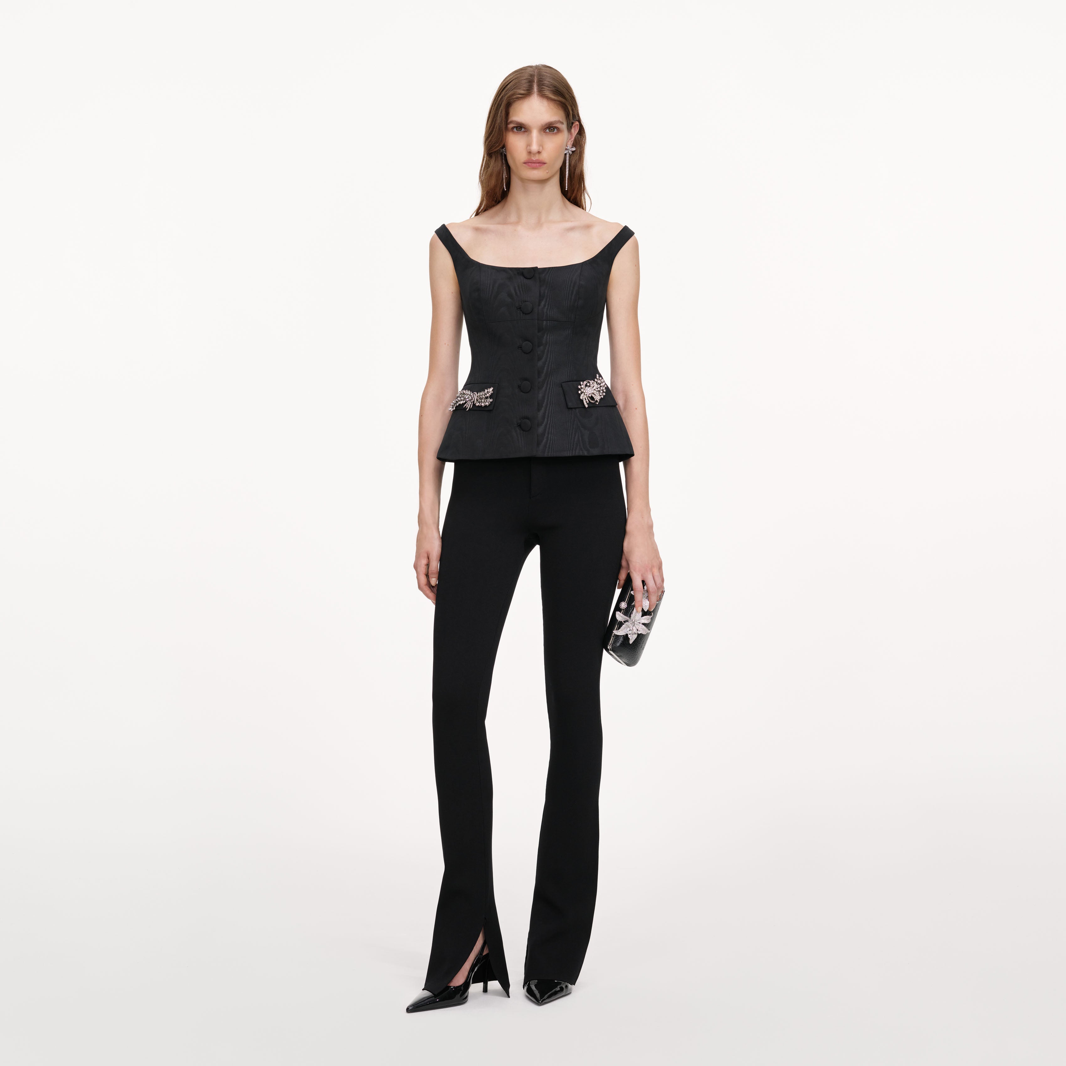 Self Portrait Black Structured Bardot Top Schwarz Twill
