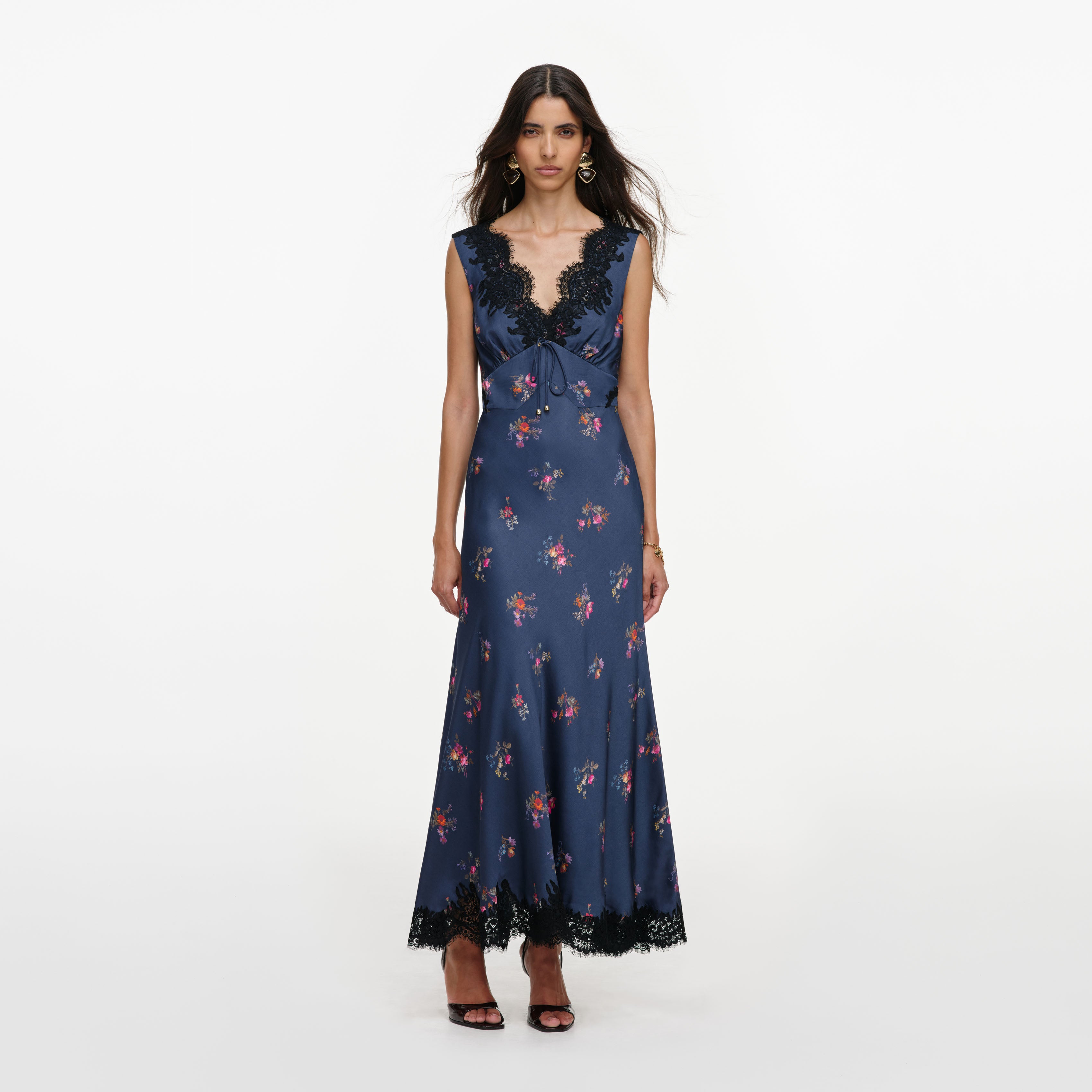 Self Portrait Satin Lace Midi Kleid Navy Blumen Spitze