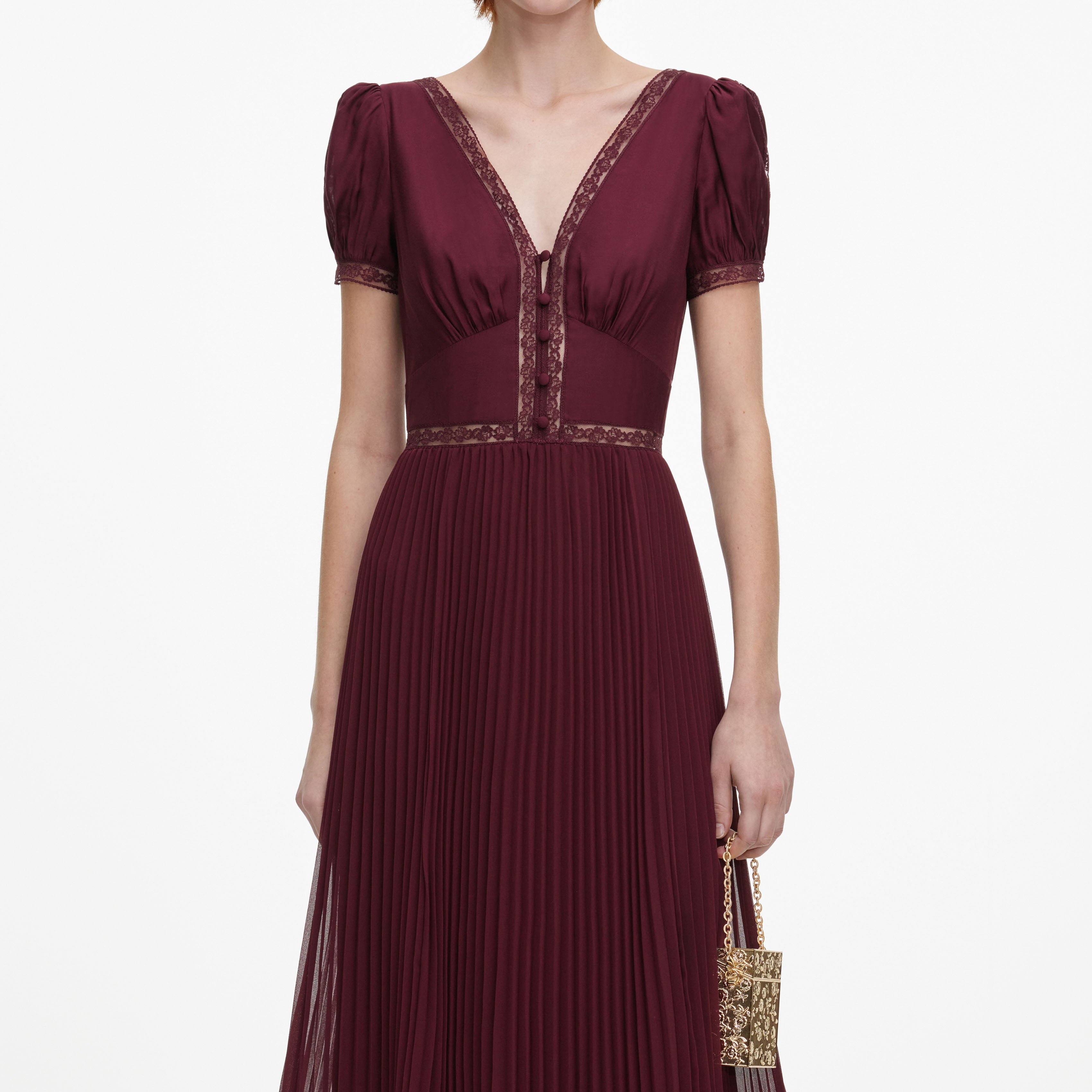 Self Portrait Viskose Midikleid Burgundy Plissee Spitze