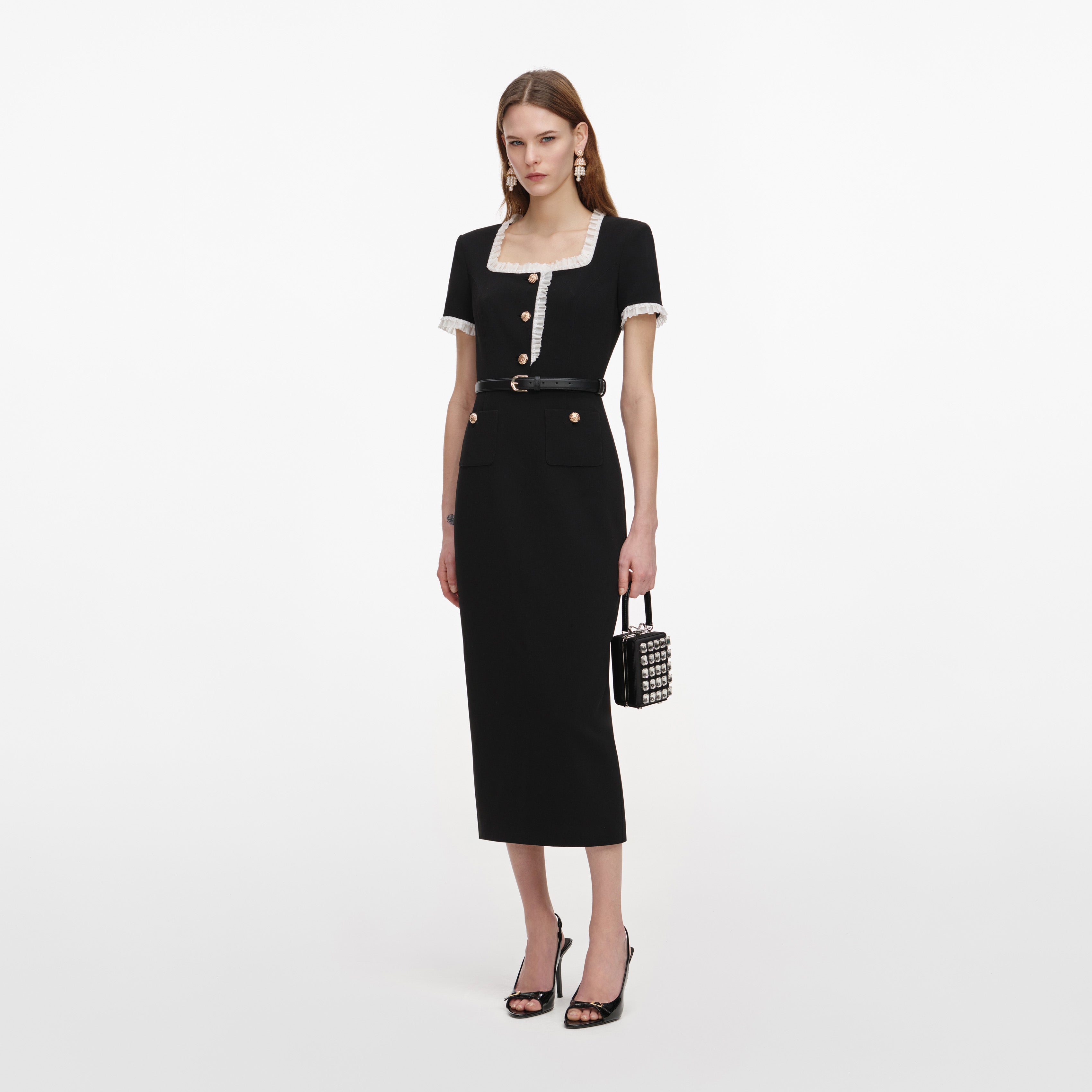 Self Portrait Black Crepe Contrast Frill Midi Kleid Schwarz