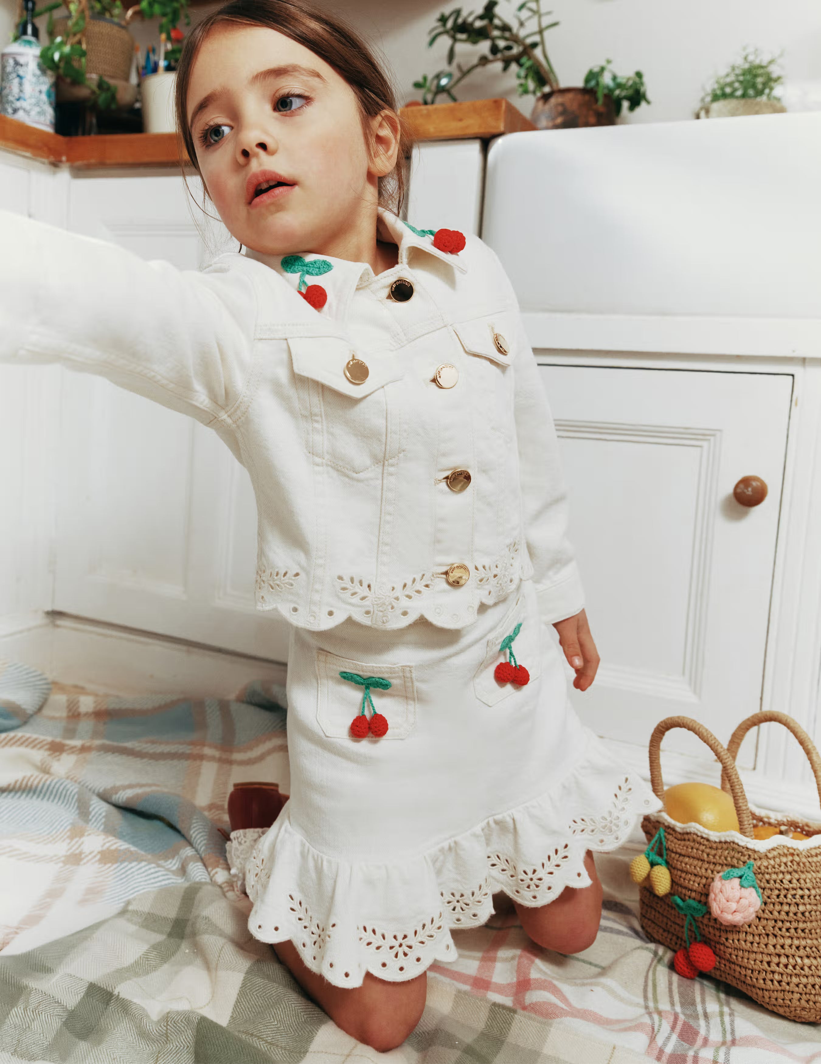 Self Portrait Cream Denim Cherry Motif Jacket Creme