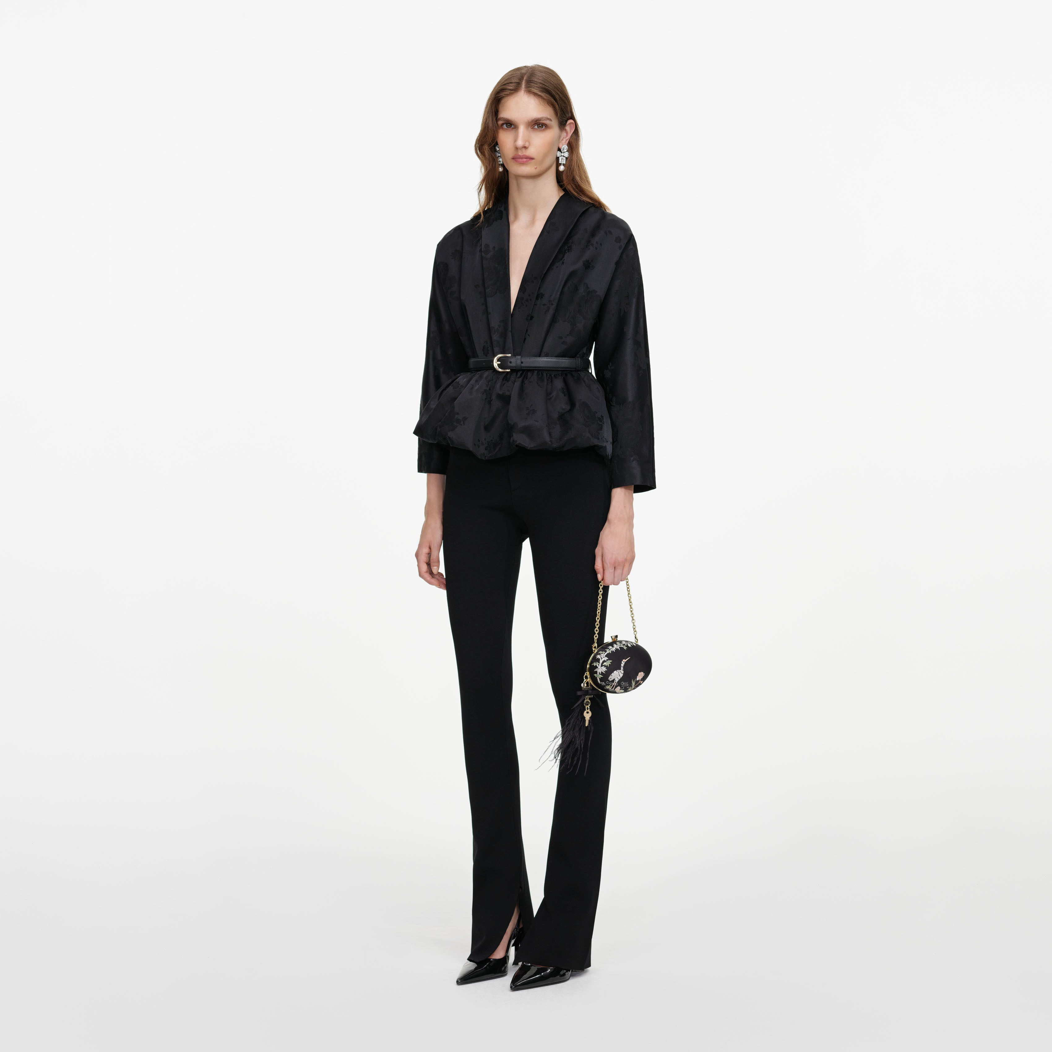Self Portrait Black Jacquard Peplum Oberteil Schwarz mit Gürtel