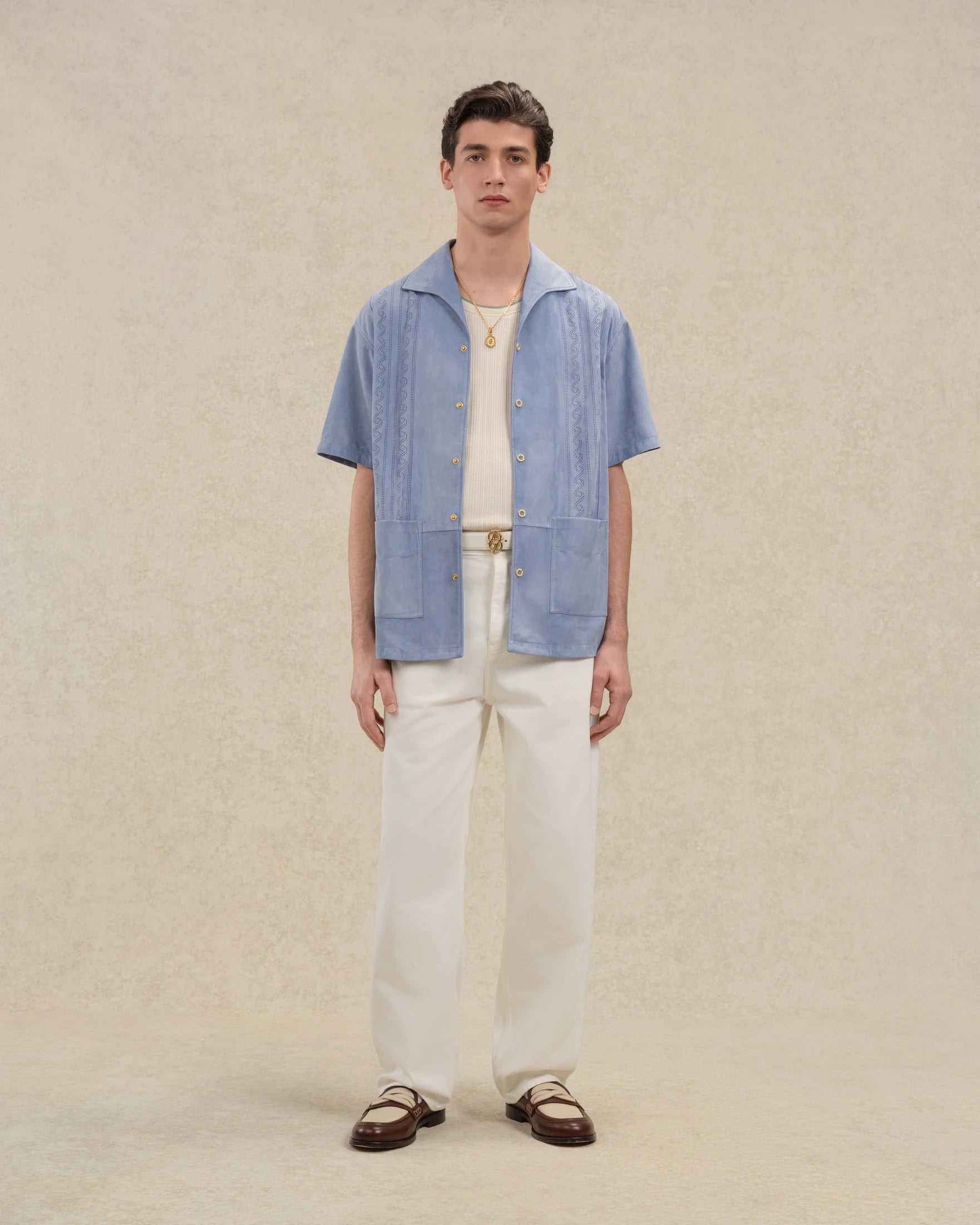 Drôle De Monsieur Chemise Suède Perforée Lederhemd Hellblau