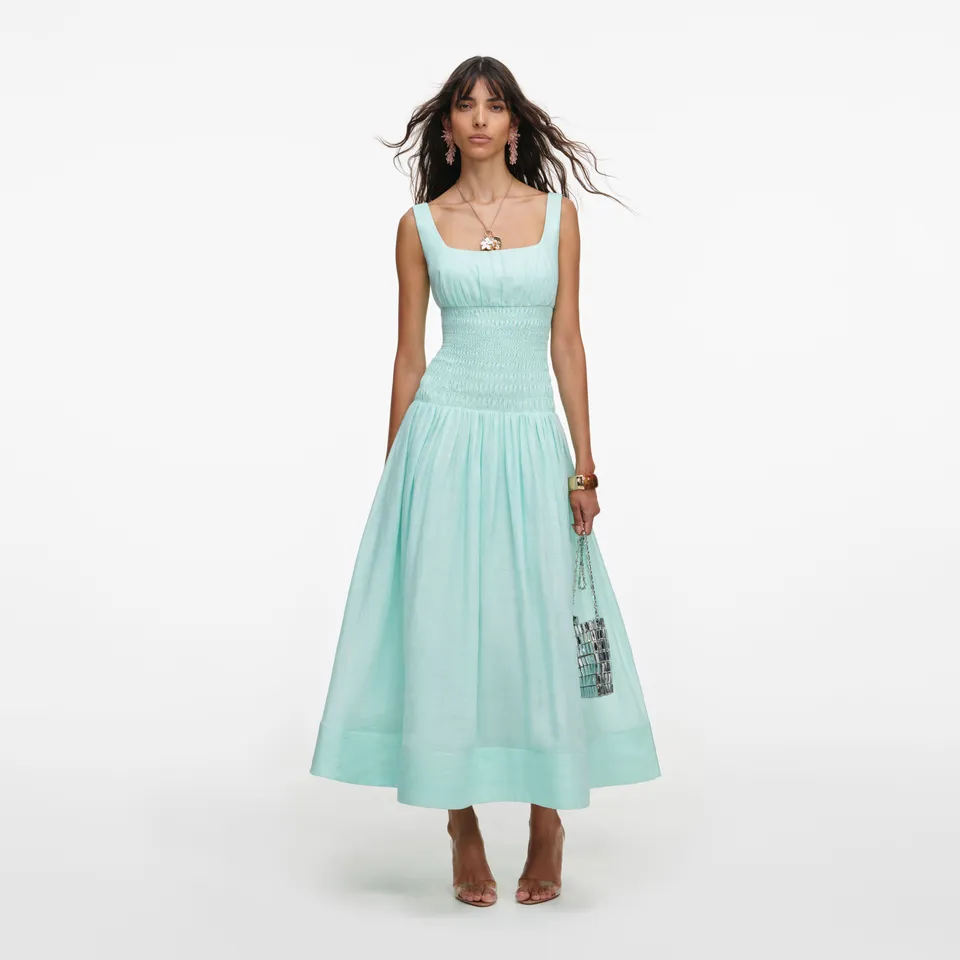 Self Portrait Midi Kleid Mint mit Raffung Drop Waist