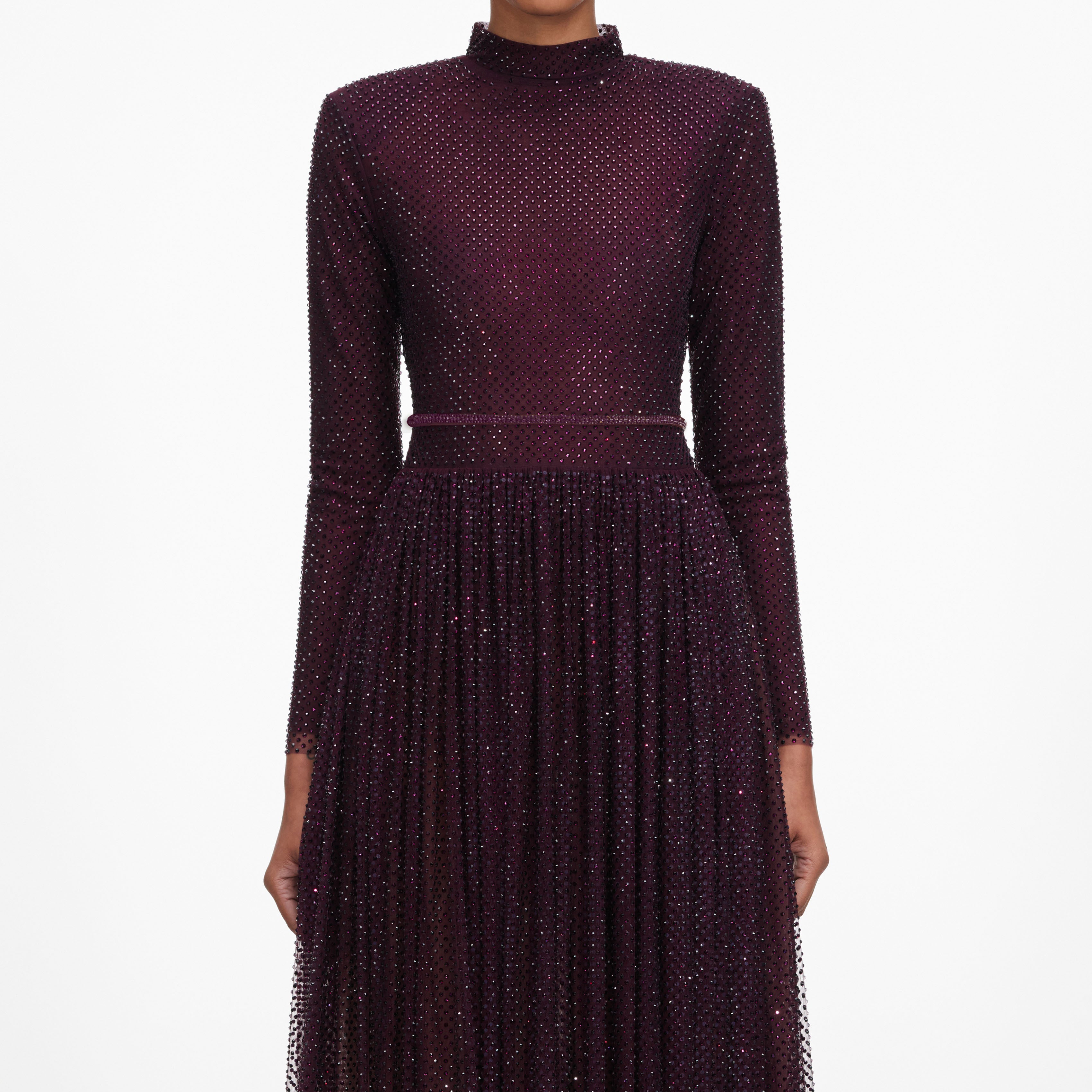 Self Portrait Strass Maxikleid Burgund Langarm Party