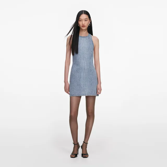 Self Portrait Denim Rhinestone Croc Mini Kleid Blau