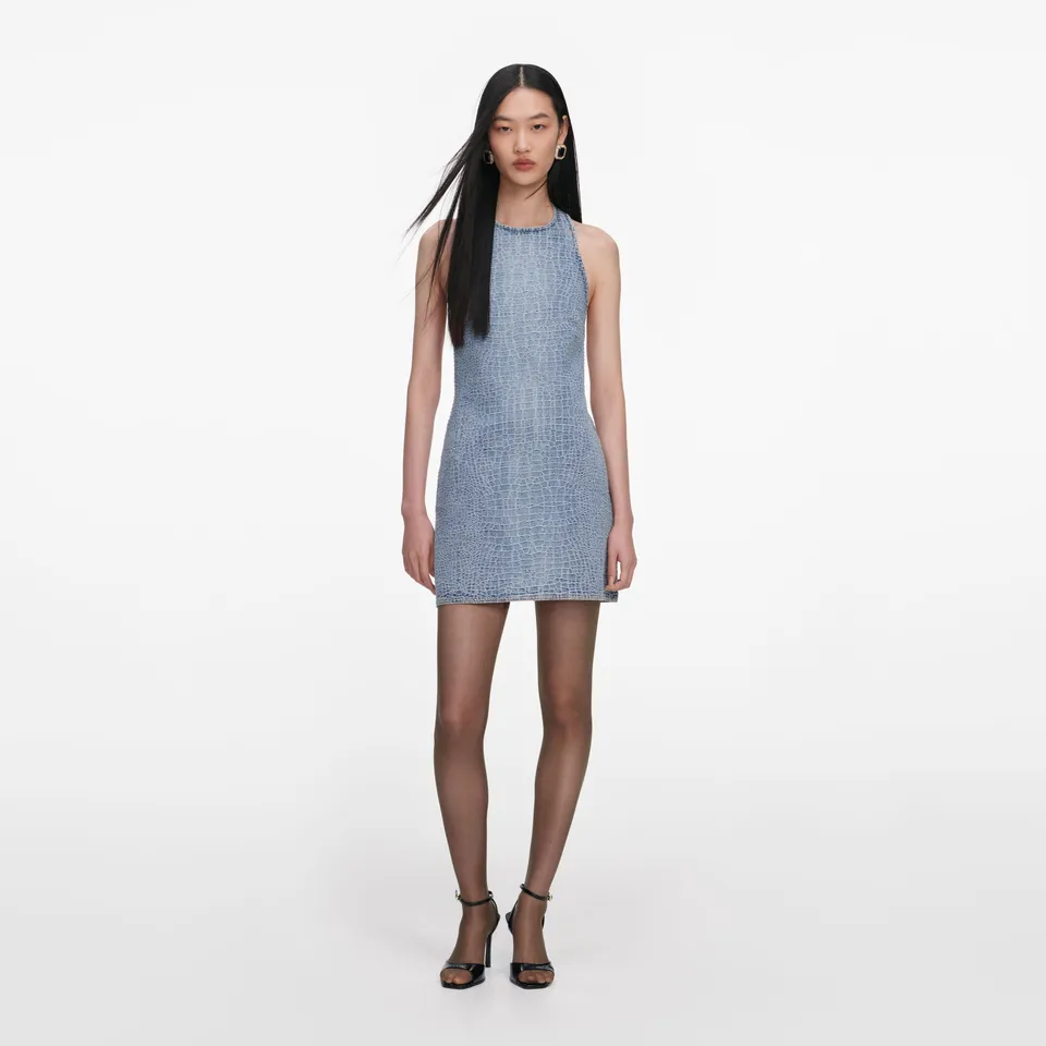 Self Portrait Denim Rhinestone Croc Mini Kleid Blau