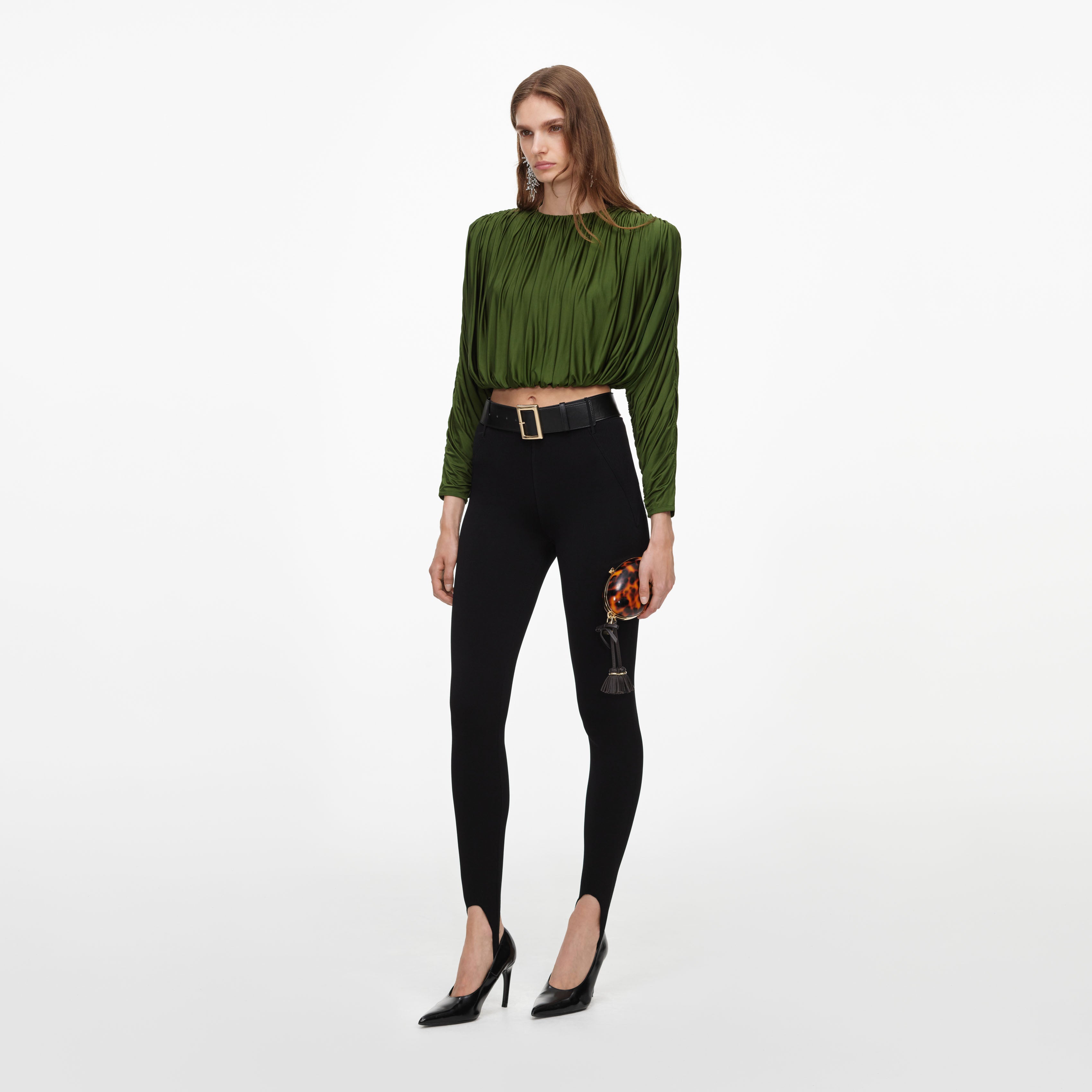 Self Portrait Olive Jersey Gathered Top Oliv Jersey Raffung