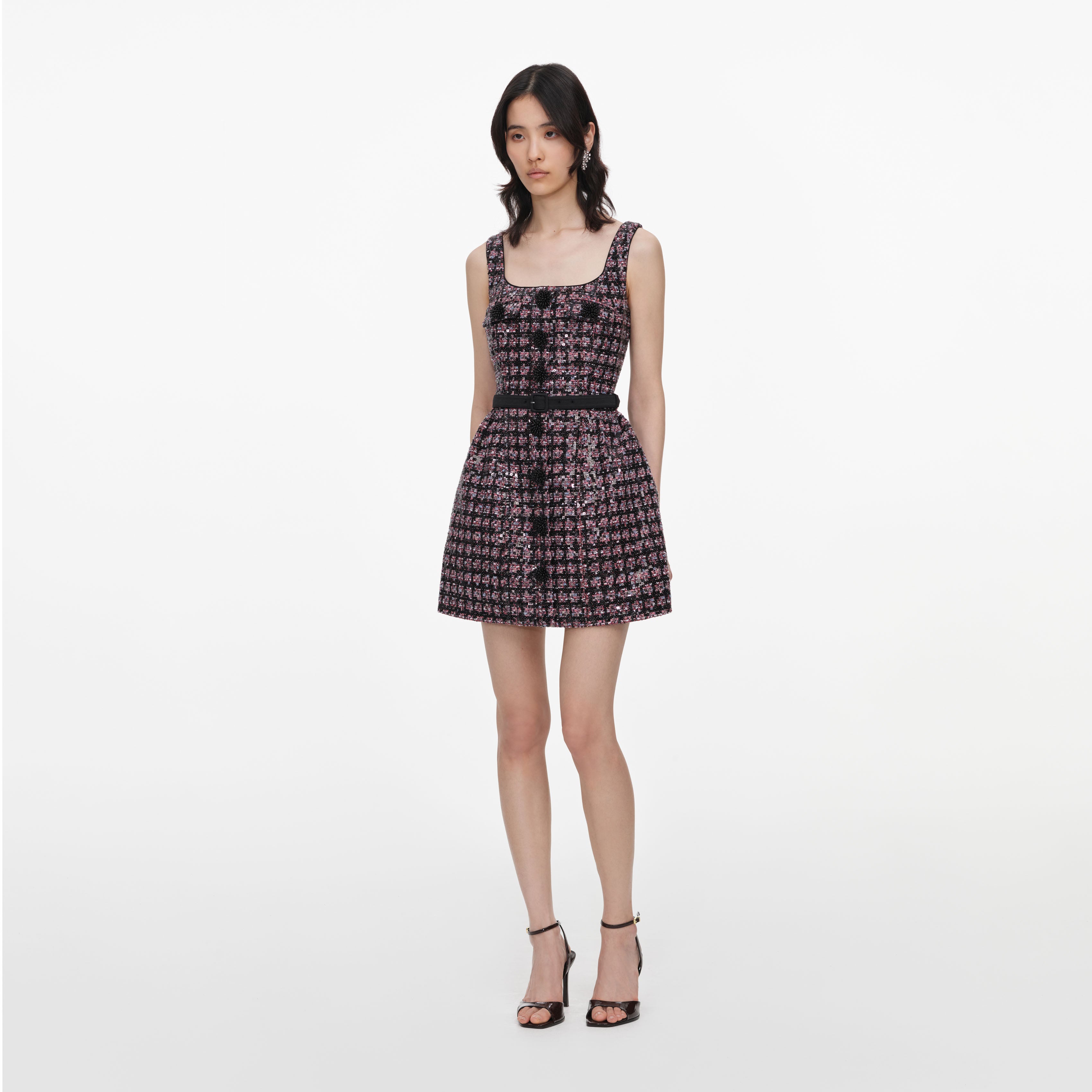 Self Portrait Sequin Boucle Minikleid rosa-schwarz ärmellos