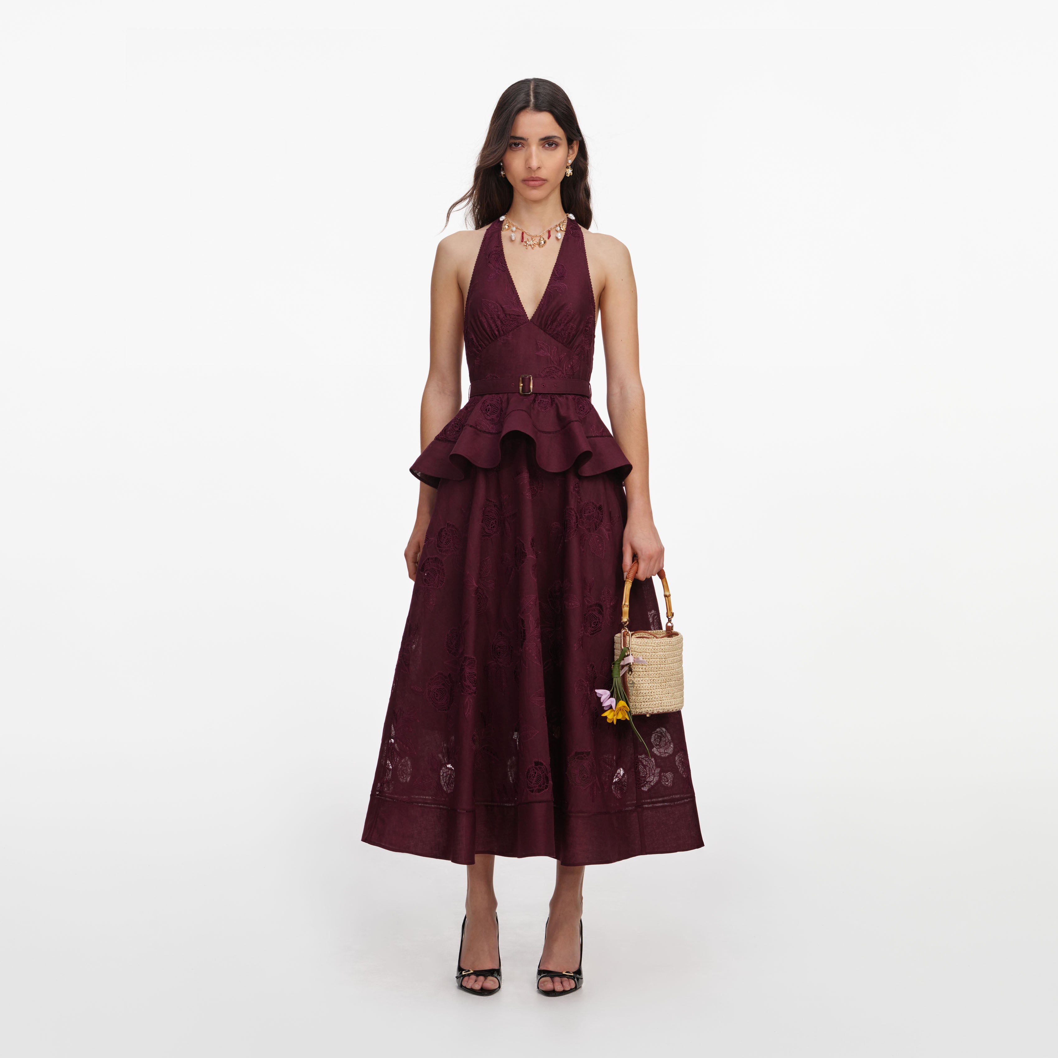 Self Portrait Plum Linen Peplum Midi Leinenkleid Beere
