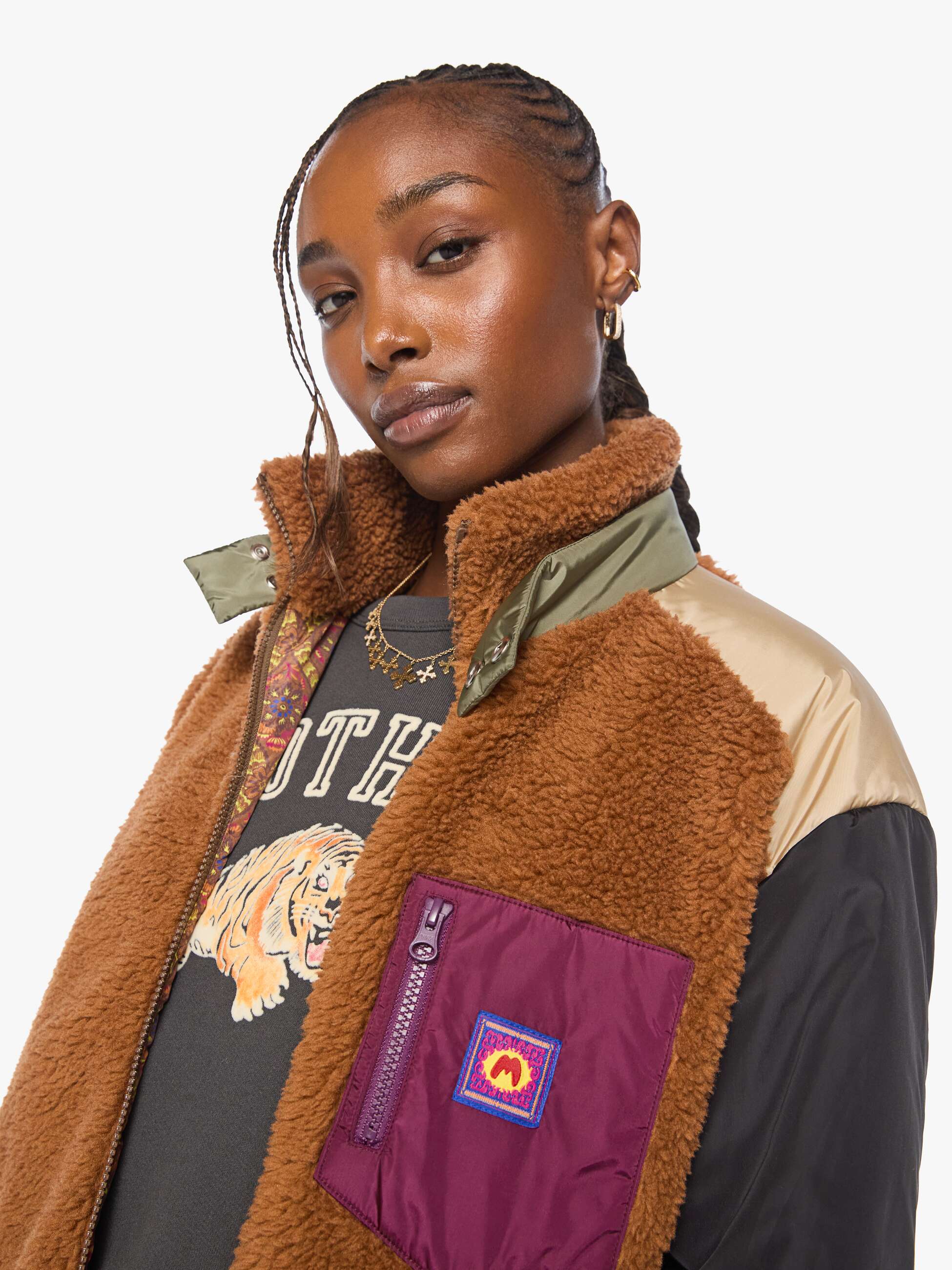 Mother The Teddy Zip Teddyjacke Braun Oversize Faux-Sherpa