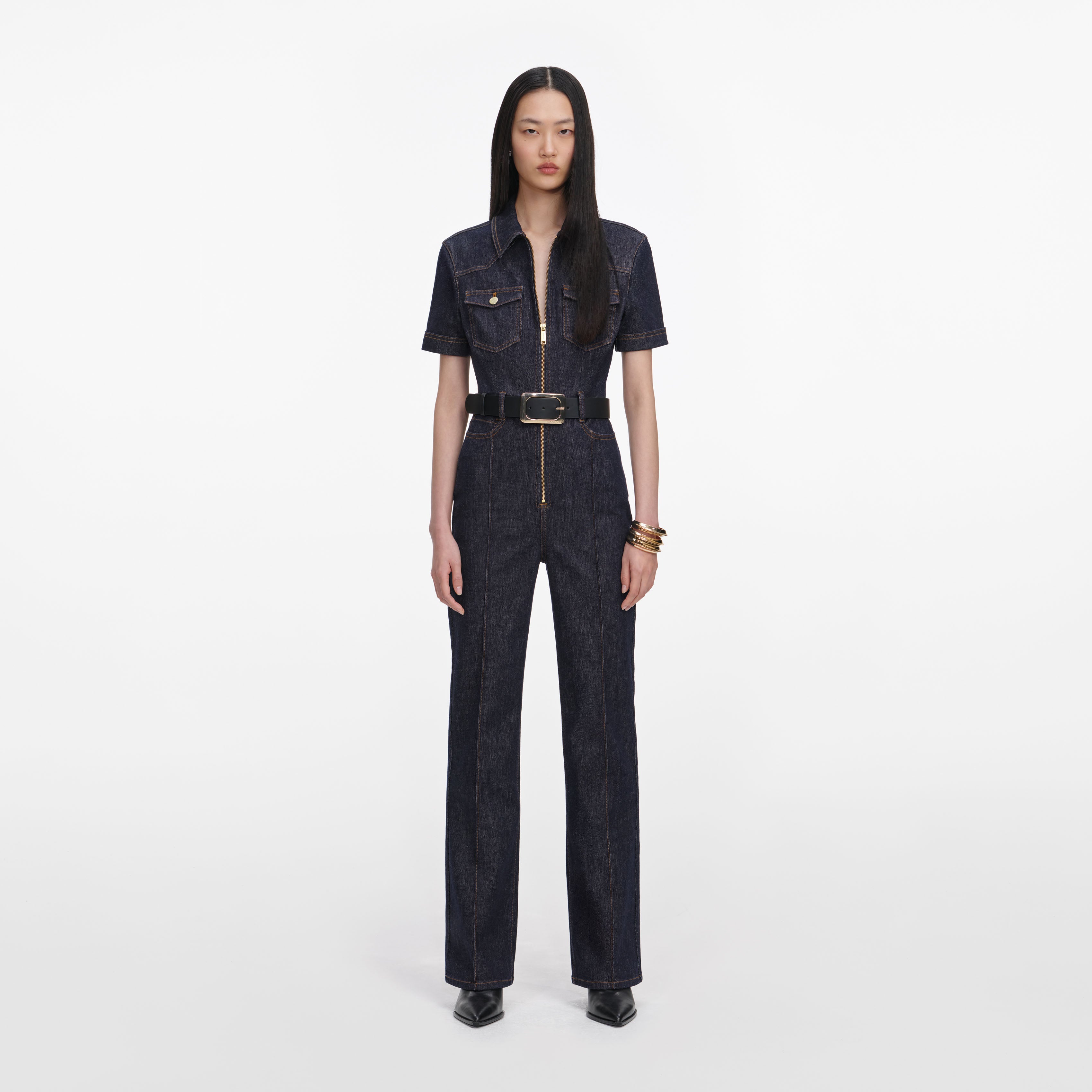 Self Portrait Indigo Denim Jumpsuit Overall Indigo Stretch