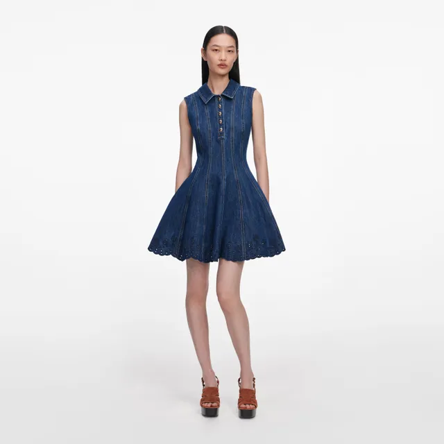 Self Portrait Denim Broderie Minikleid Blau UK 10 Stretch