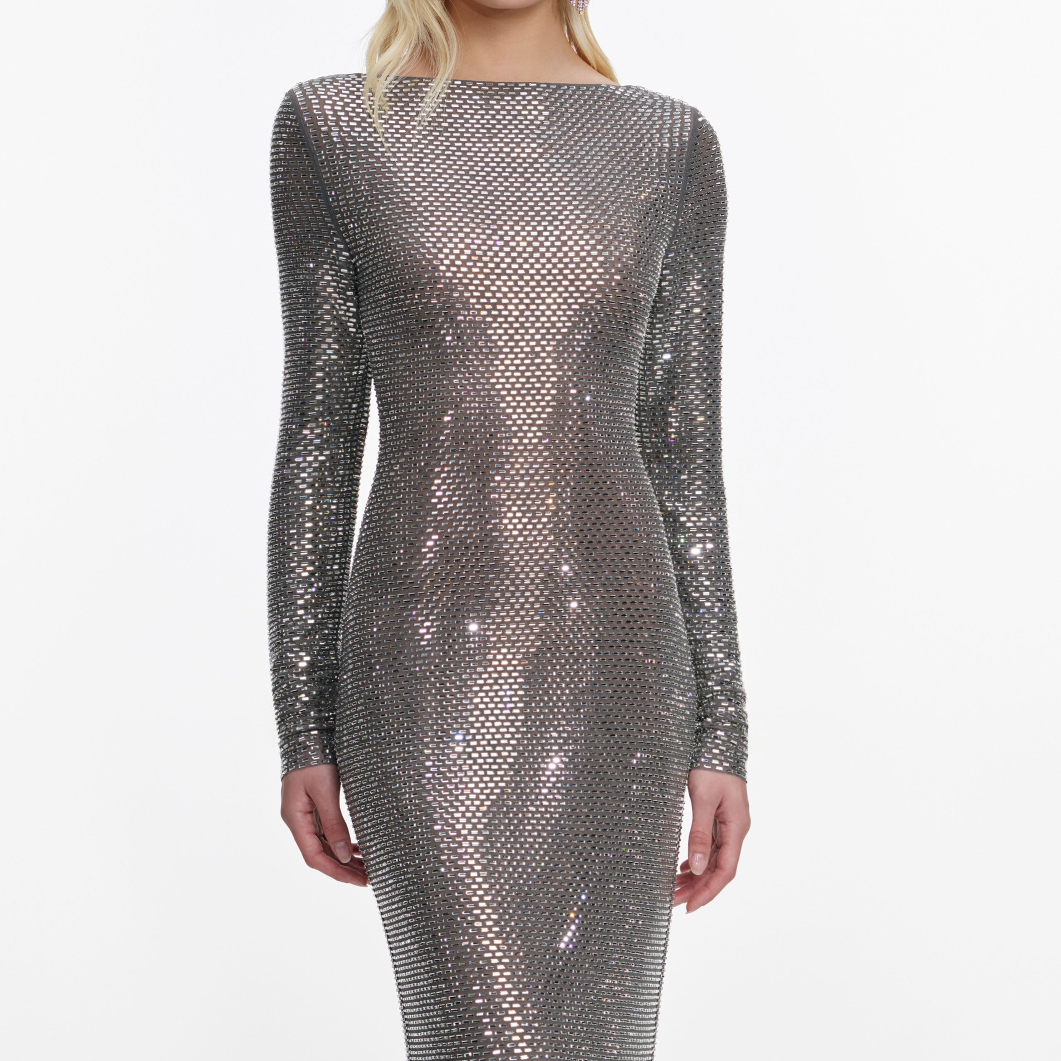 Self Portrait Grey Rhinestone Maxikleid Kleid Grau UK 8 Langarm