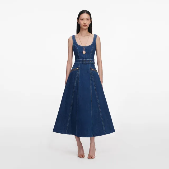 Self Portrait Denim Flared Belted Midi Jeanskleid Blau UK 12