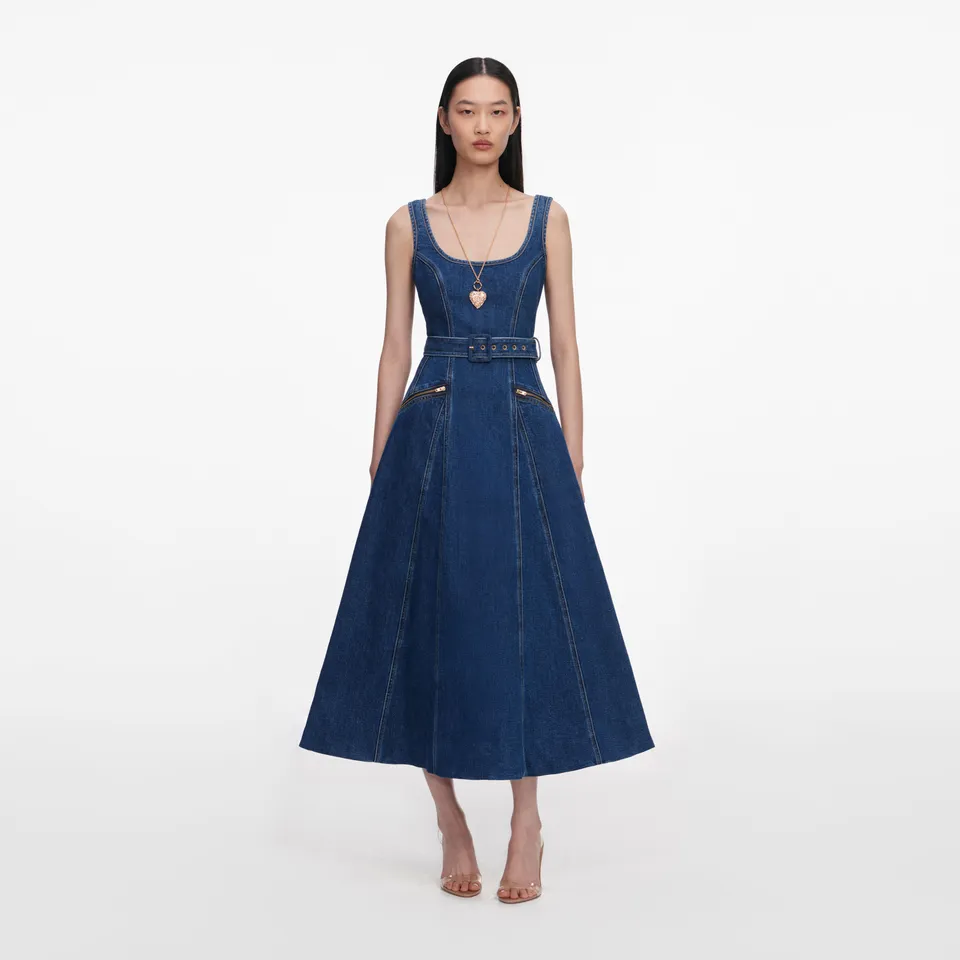 Self Portrait Denim Flared Belted Midi Jeanskleid Blau UK 12