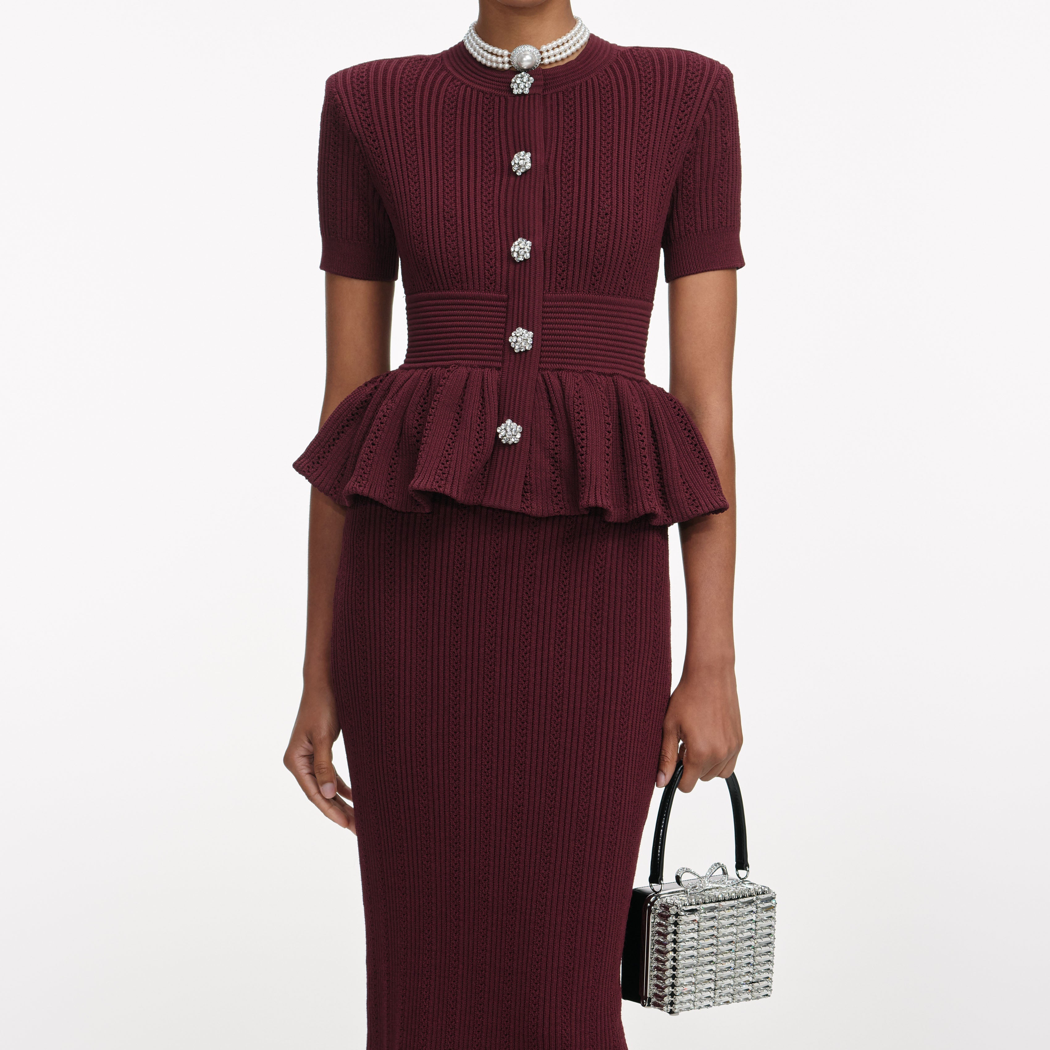 Self Portrait Burgundy Pointelle Knit Midi Kleid Bordeaux