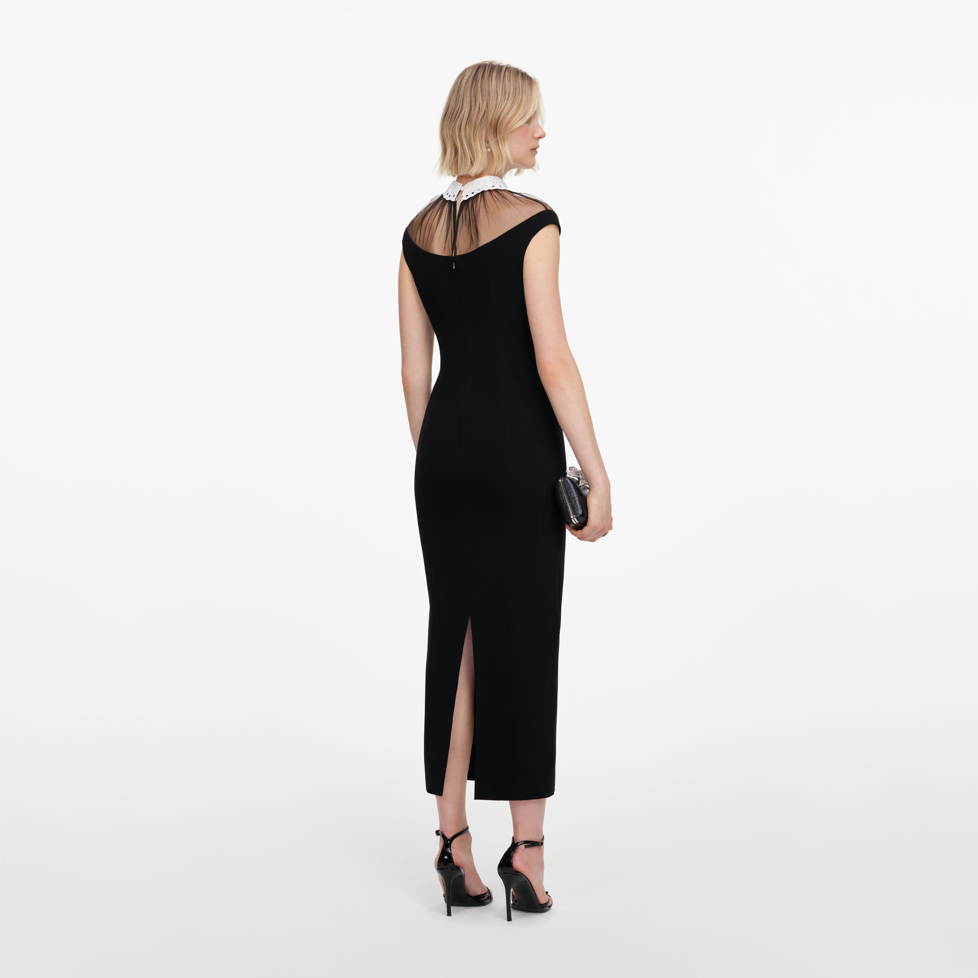 Self Portrait Crepe Midikleid Schwarz Spitzen-Kragen Formal
