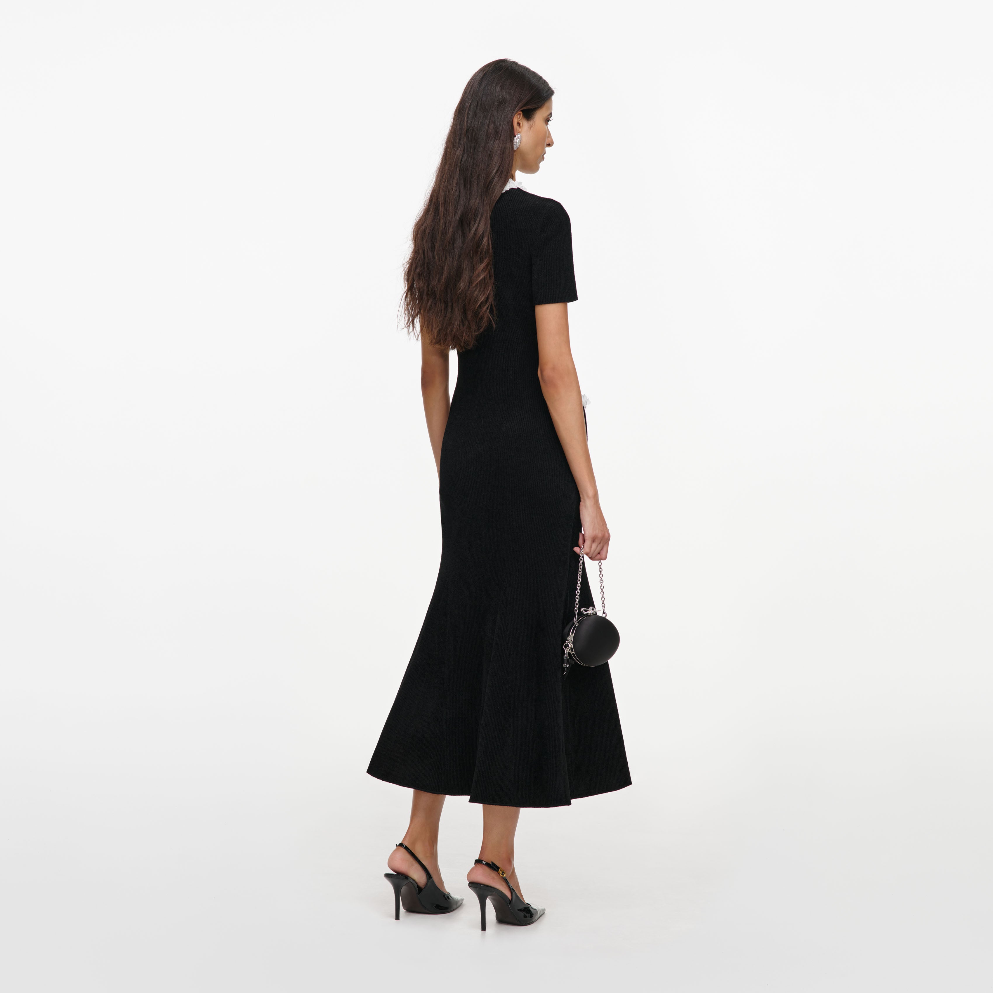 Self Portrait Chenille Flower Trim Midi Kleid schwarz S