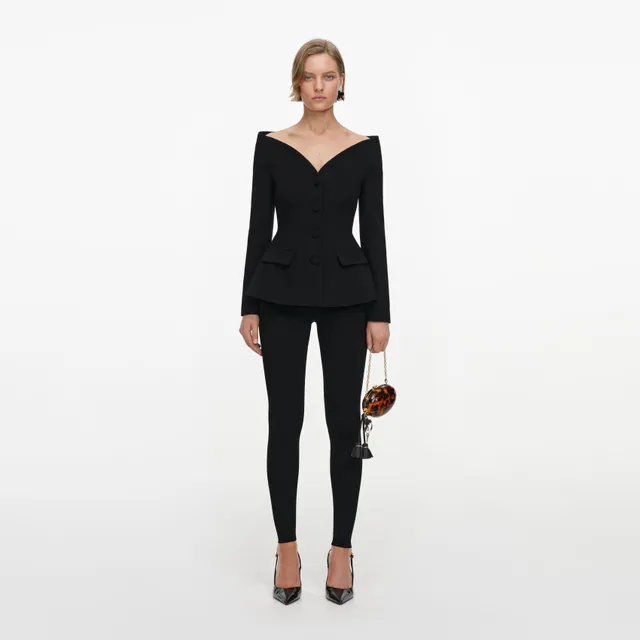Self Portrait Jacket Schwarz Woll-Crepe Off-Shoulder Peplum