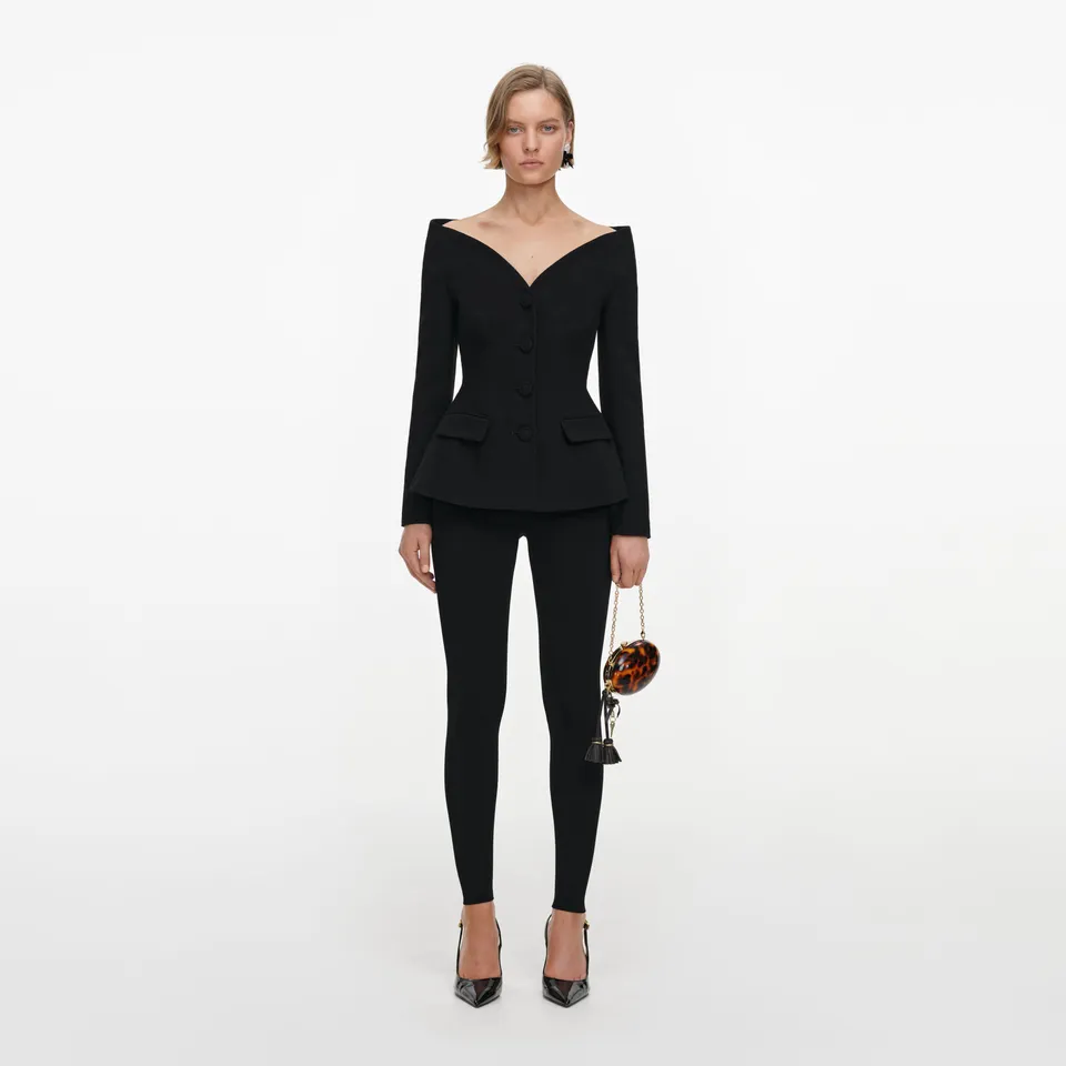 Self Portrait Jacket Schwarz Woll-Crepe Off-Shoulder Peplum