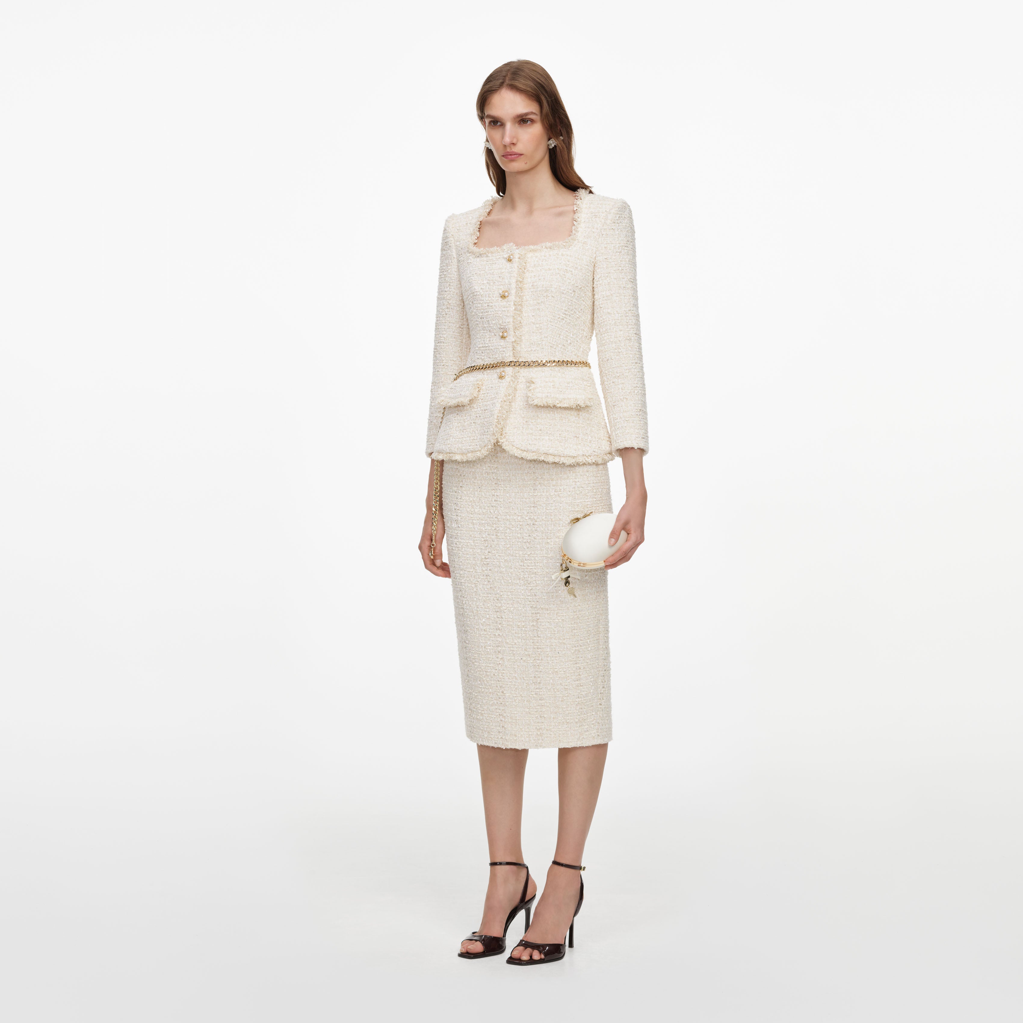 Self Portrait Dresses Cream Boucle Midikleid Creme mit Kette