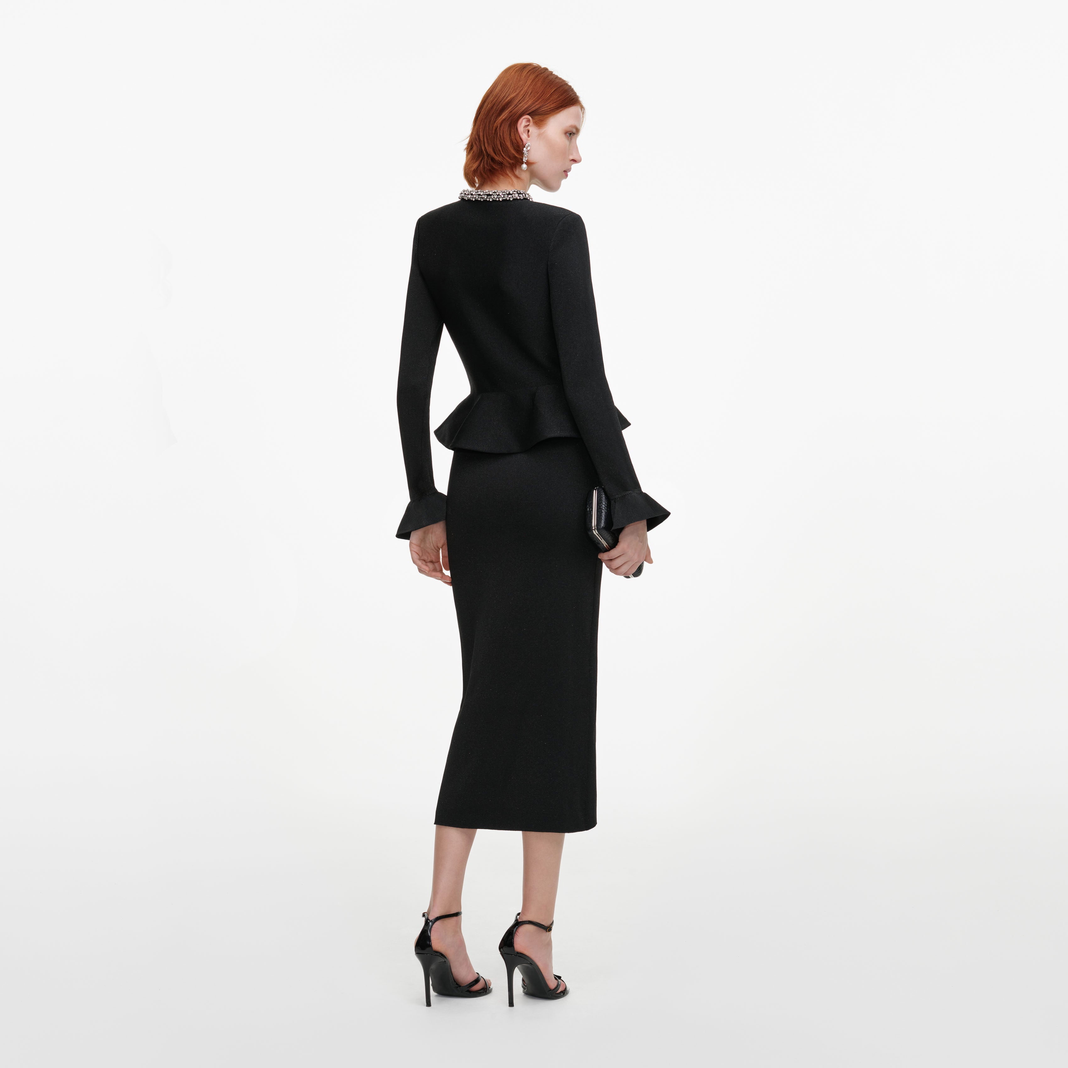 Self Portrait Black Crystal Trim Knit Midi Kleid Schwarz