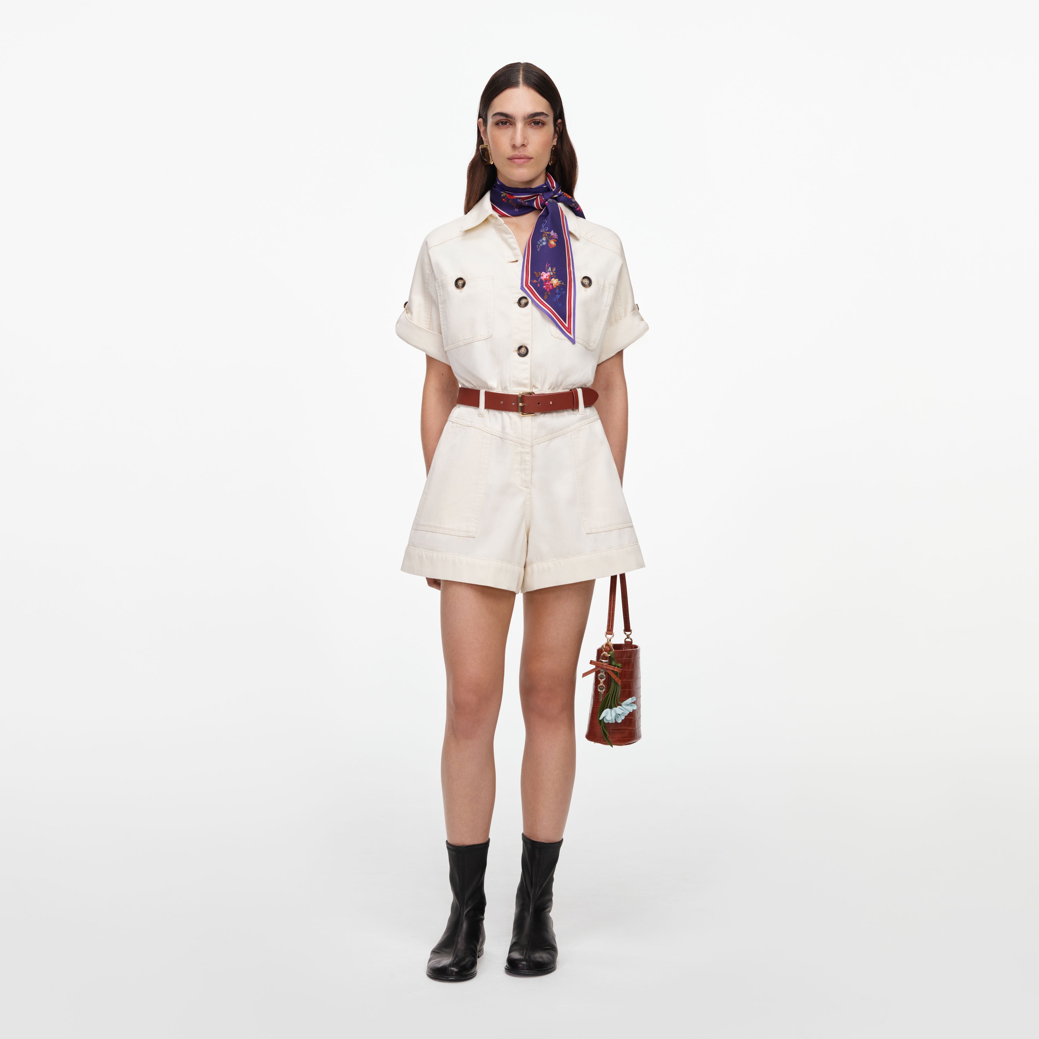 Self Portrait Cream Denim Playsuit Creme Kurz Denim