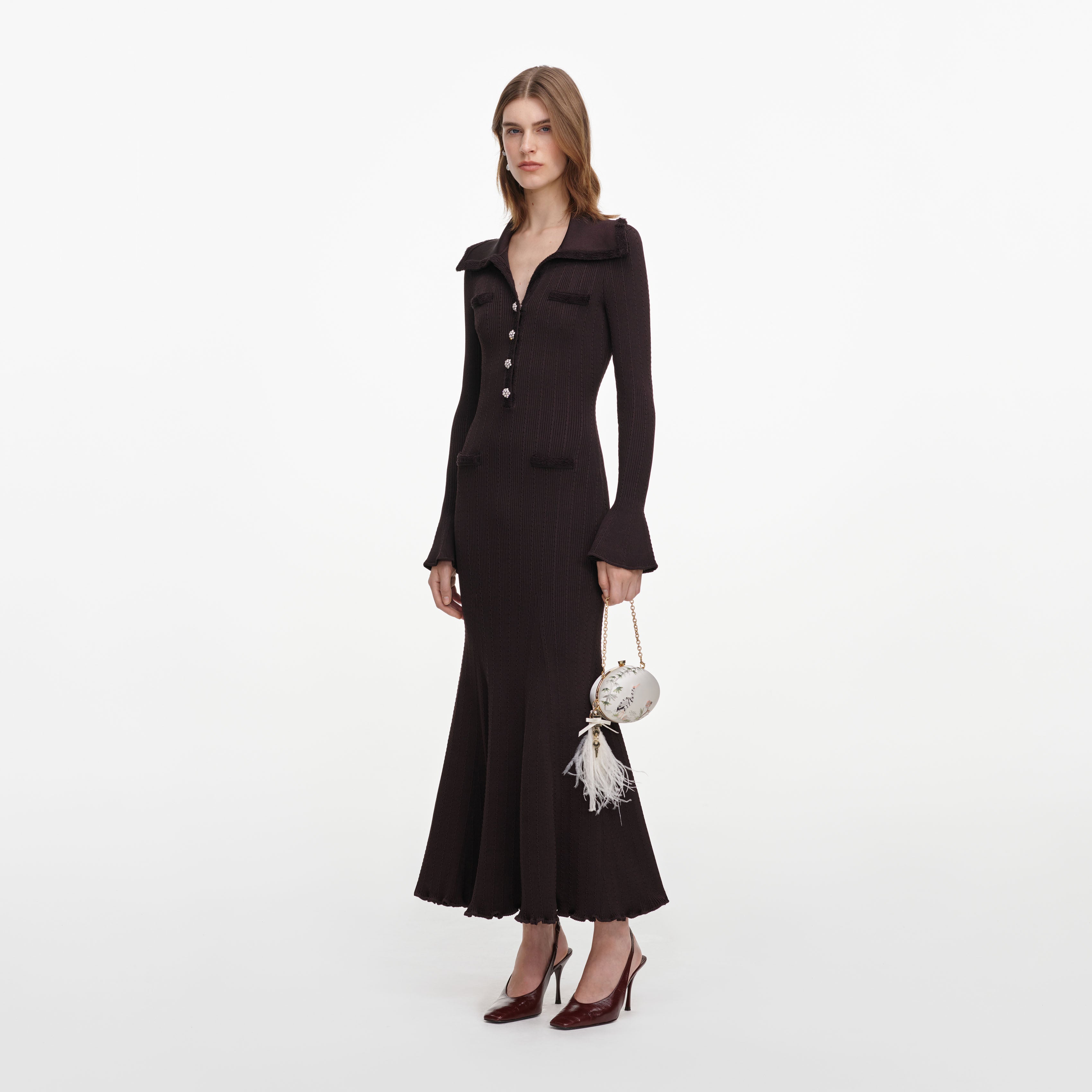 Self Portrait Fringe Strick Midikleid Braun Fransen