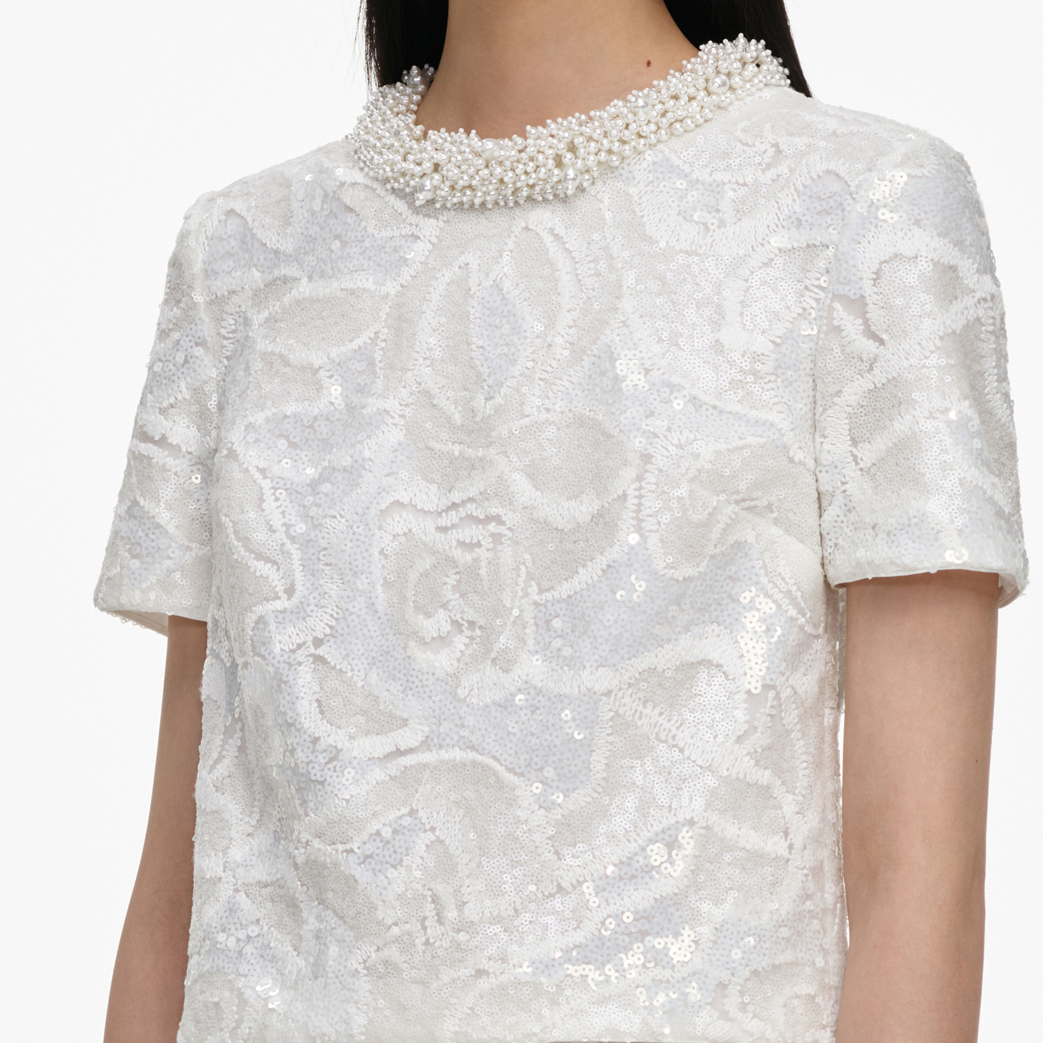 Self Portrait Tops White Sequin Lace Top Weiß UK 8 Pailletten