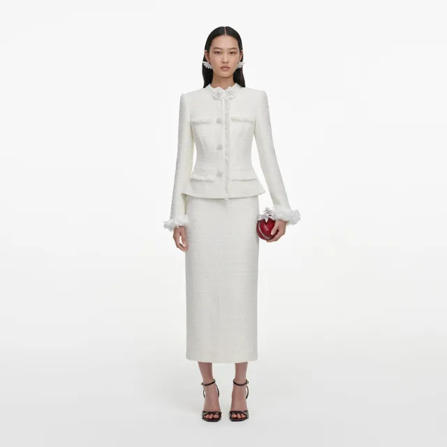 Self Portrait Cream Boucle Flower Midi Kleid Creme
