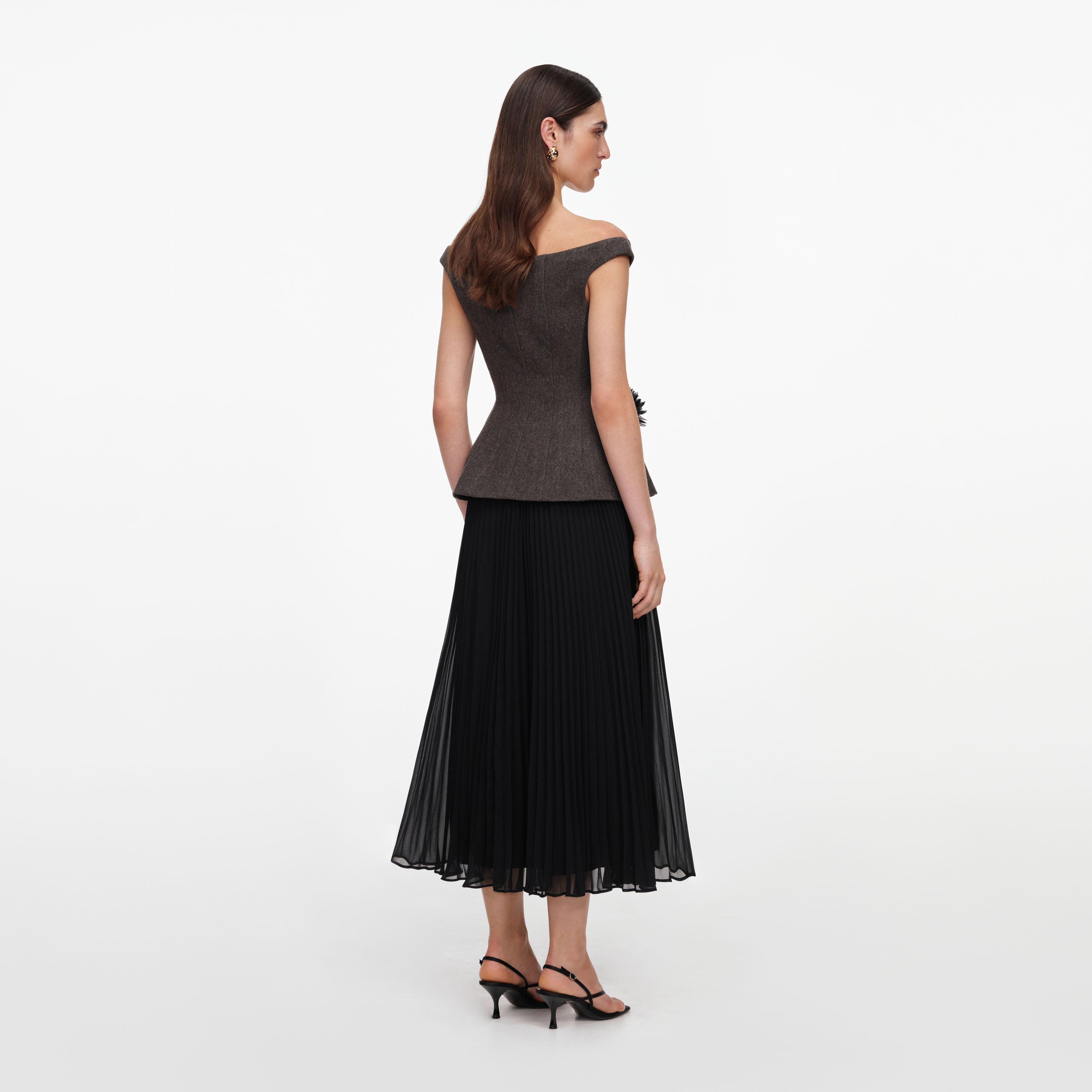 Self Portrait Dresses Brown Off Shoulder Chiffon Midi Kleid UK 10