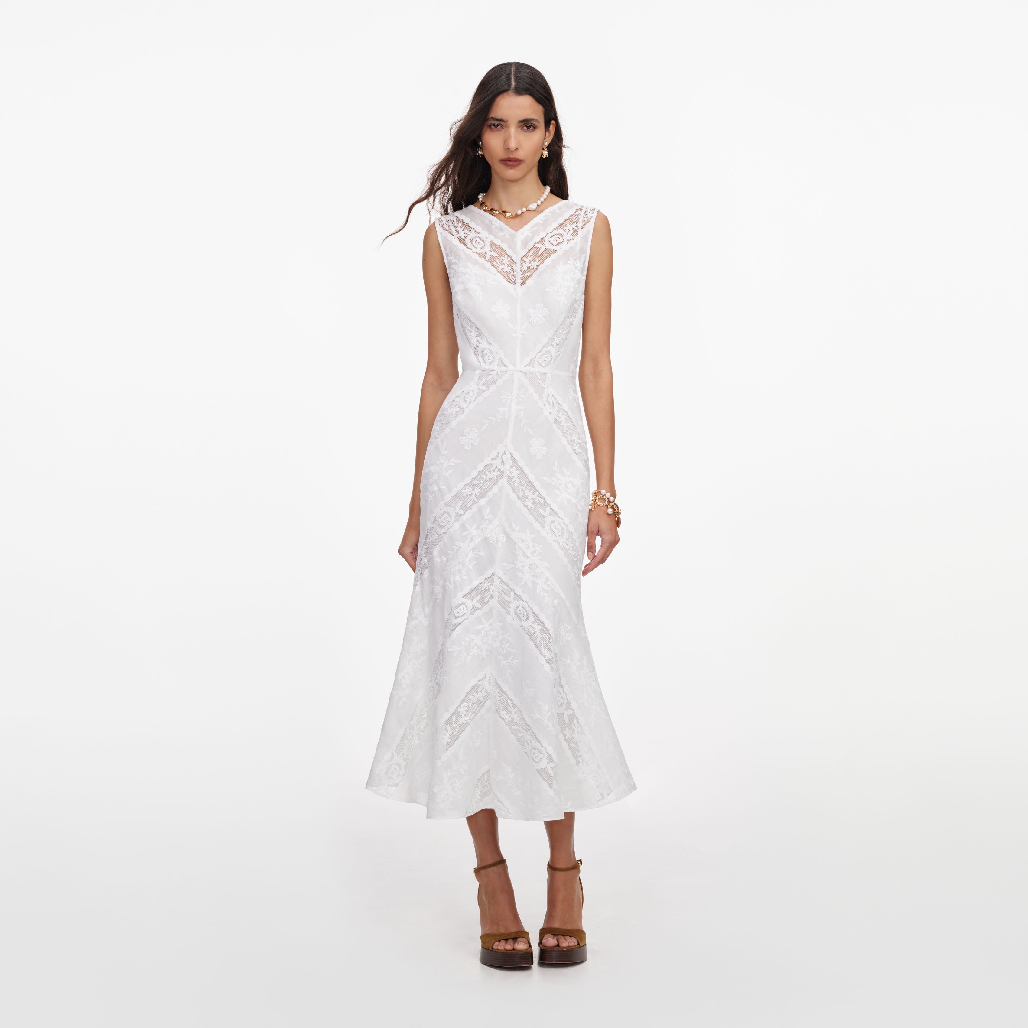 Self Portrait White Ramie Sleeveless Midi Dress Kleid Weiss