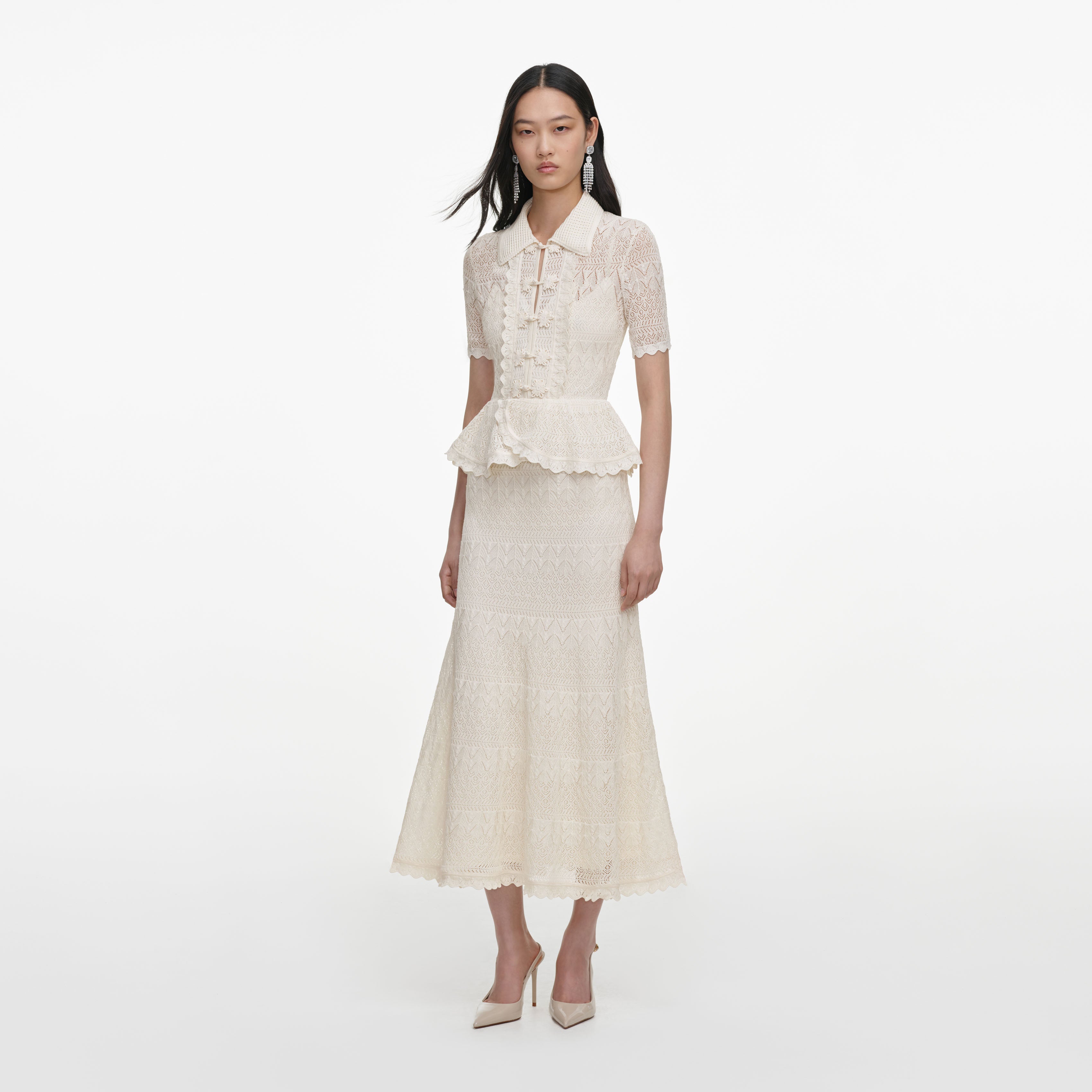 Self Portrait Cream Pointelle Knit Wrap Midi Kleid Creme