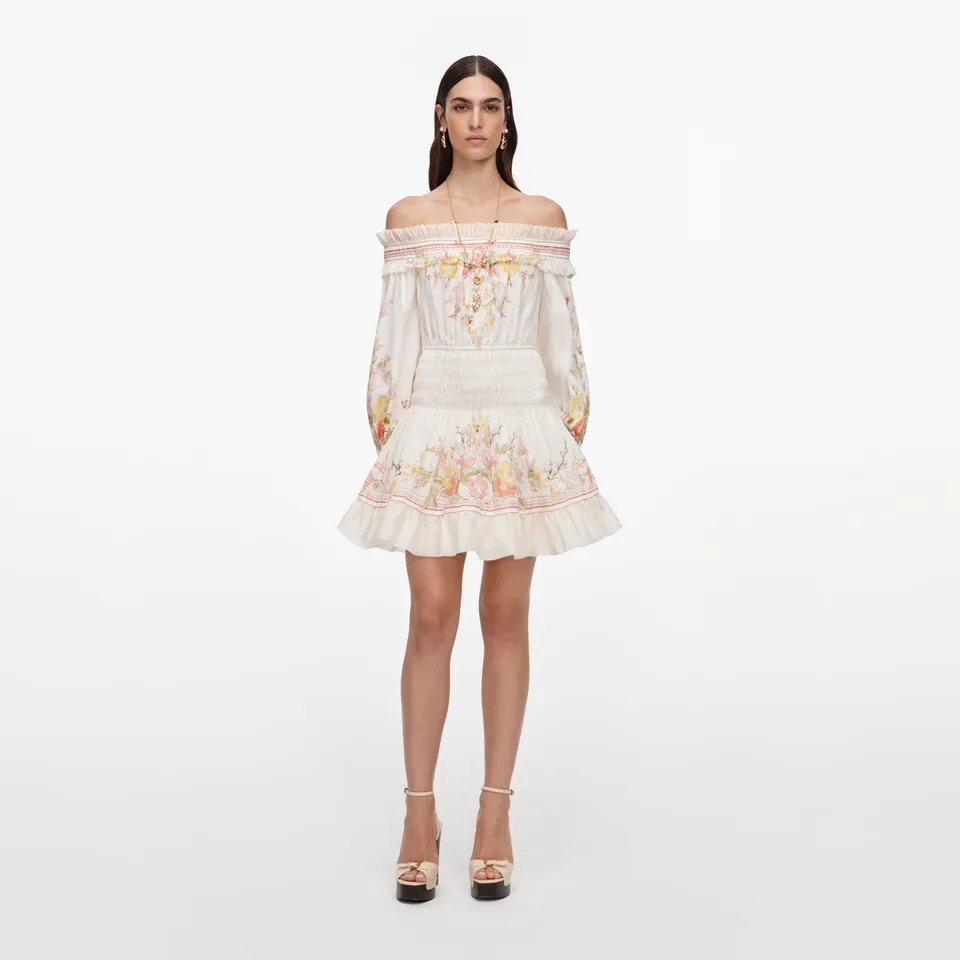 Self Portrait Cream Floral Organza Ruffle Minikleid Creme