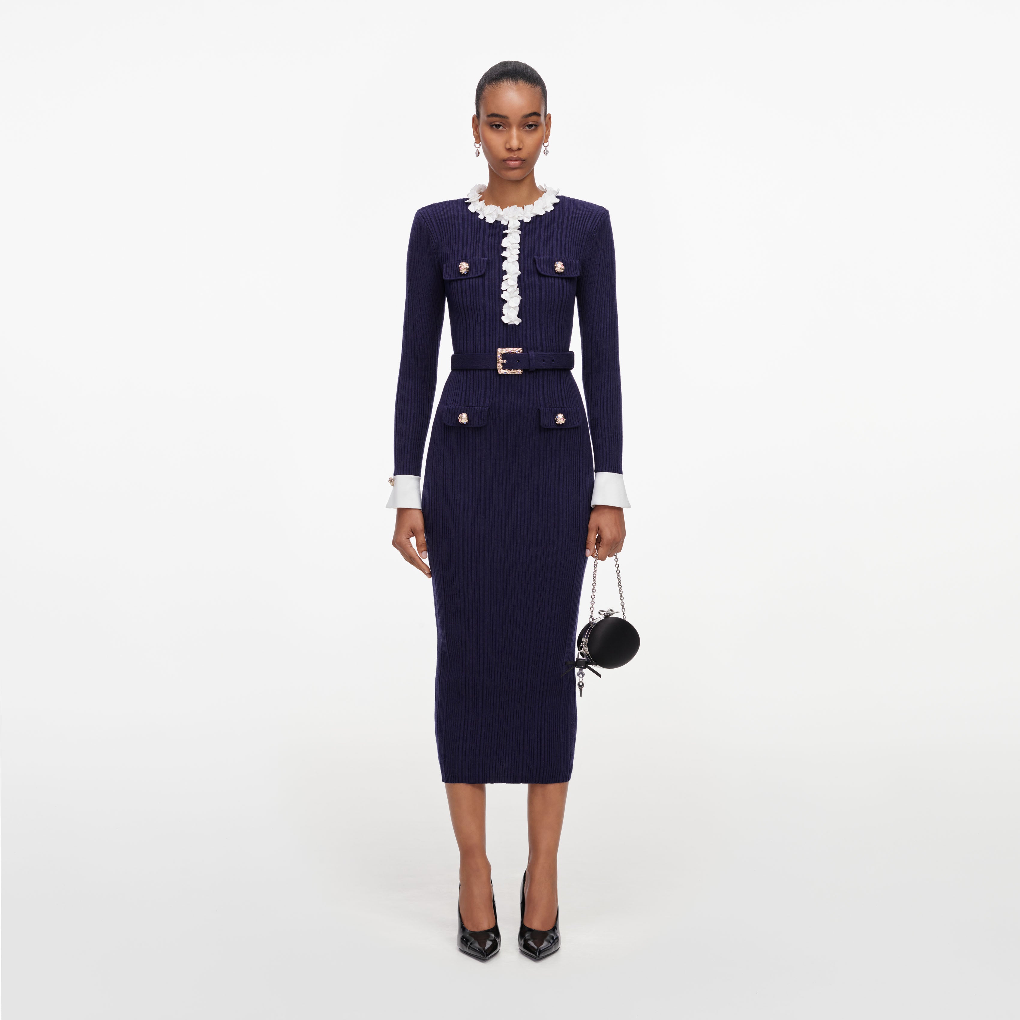 Self Portrait Navy Flower Rib Knit Midi Kleid Navy