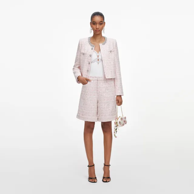 Self Portrait Pink Sequin Boucle Shorts Rosa