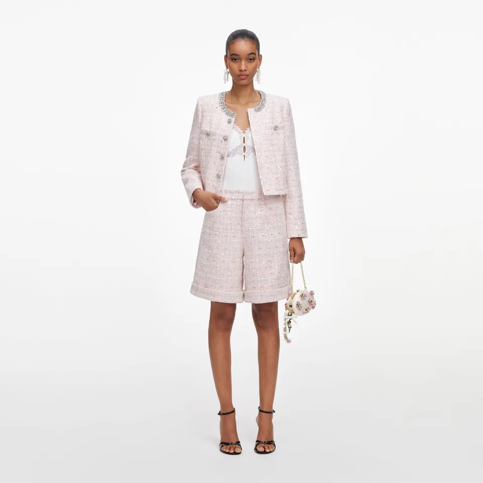 Self Portrait Pink Sequin Boucle Shorts Rosa