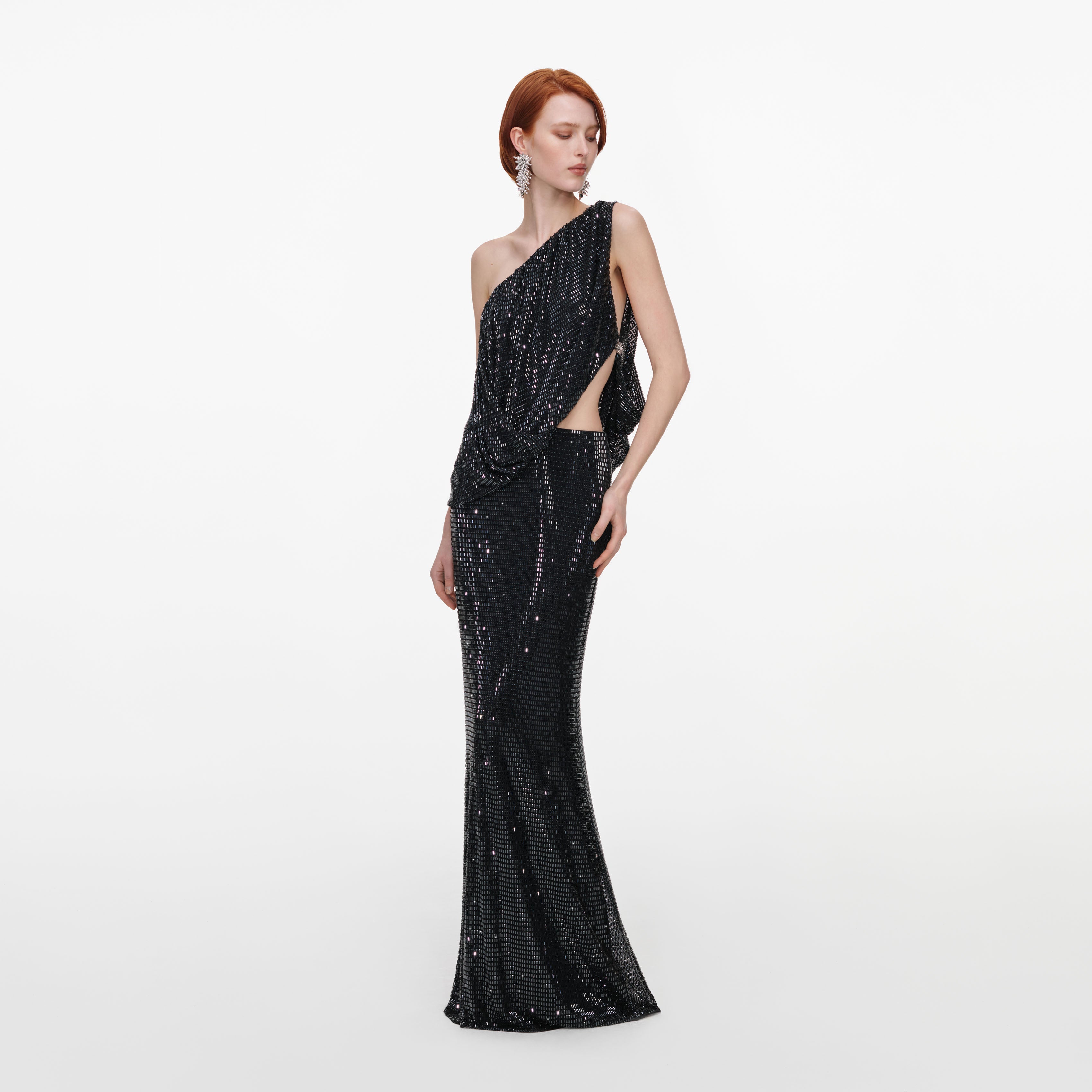 Self Portrait Black Rhinestone One Shoulder Maxikleid Schwarz UK 8