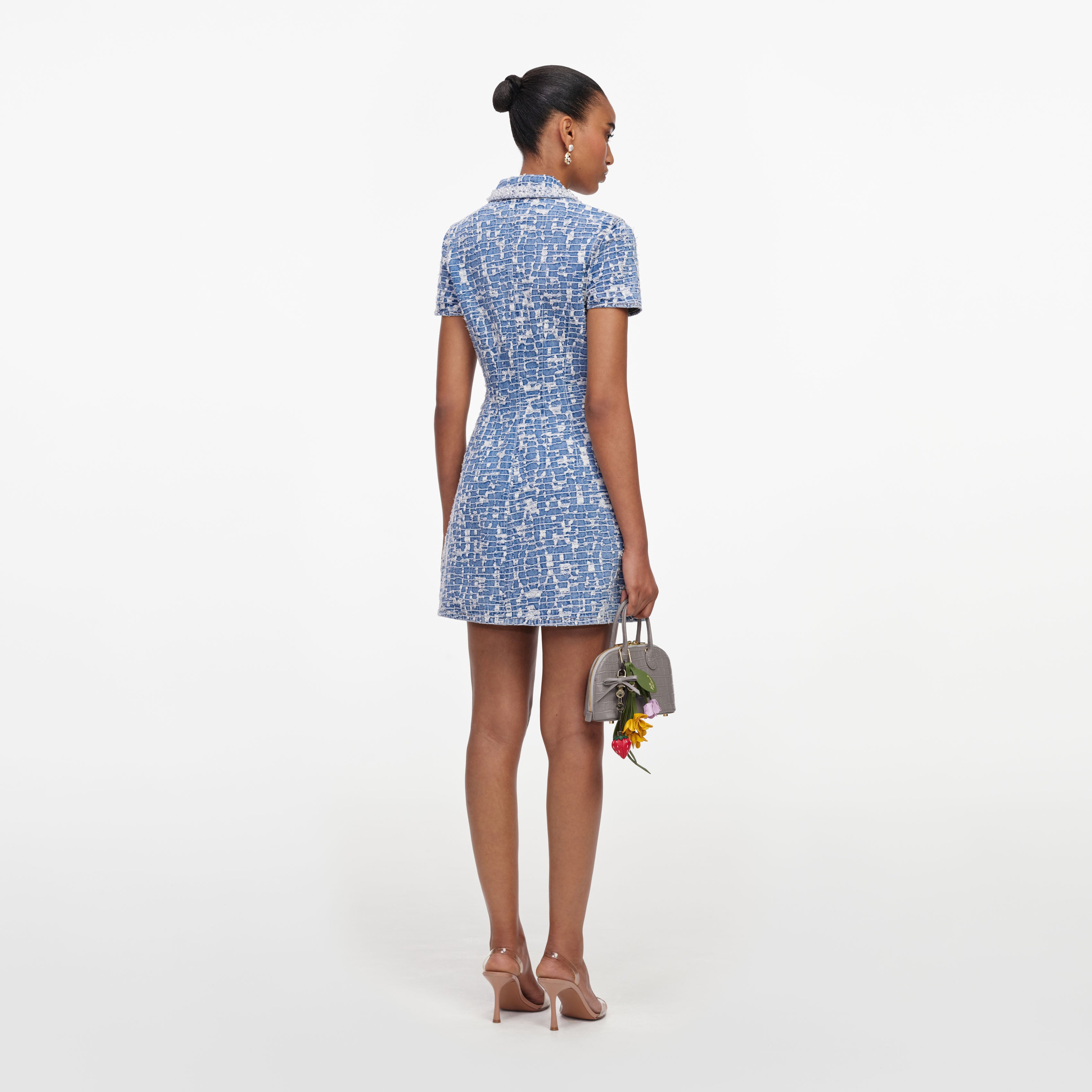 Self Portrait Denim Mini Kleid Blau Kragen Perlen