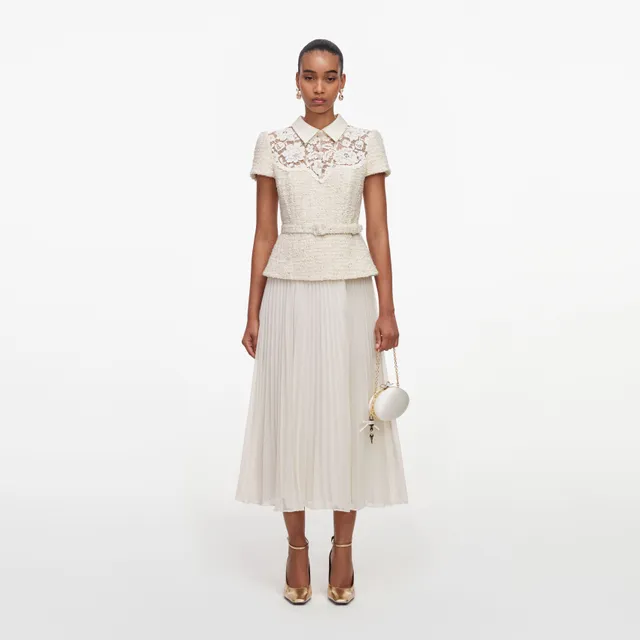 Self Portrait Lace Boucle Midikleid creme A-Linie