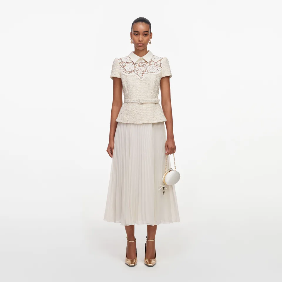 Self Portrait Lace Boucle Midikleid creme A-Linie