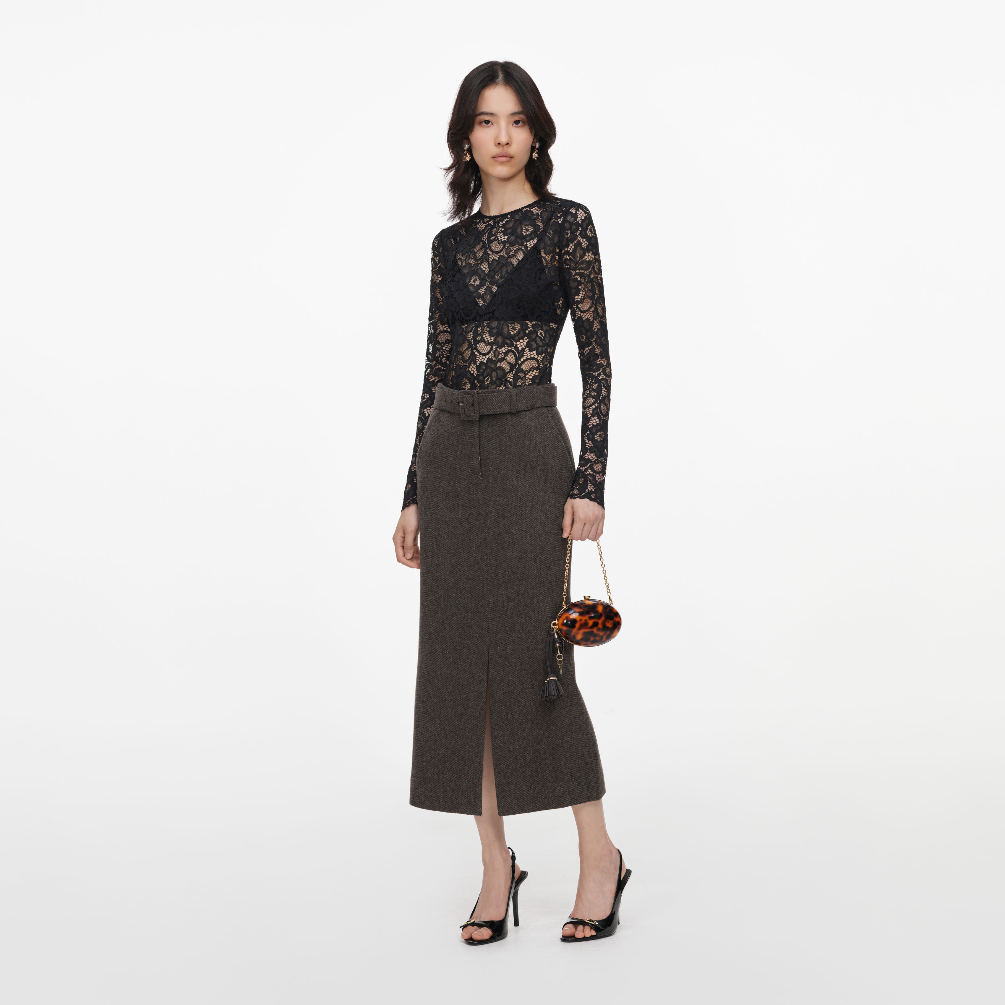Self Portrait Brown Wool Midi Rock mit Schlitz und Gürtel
