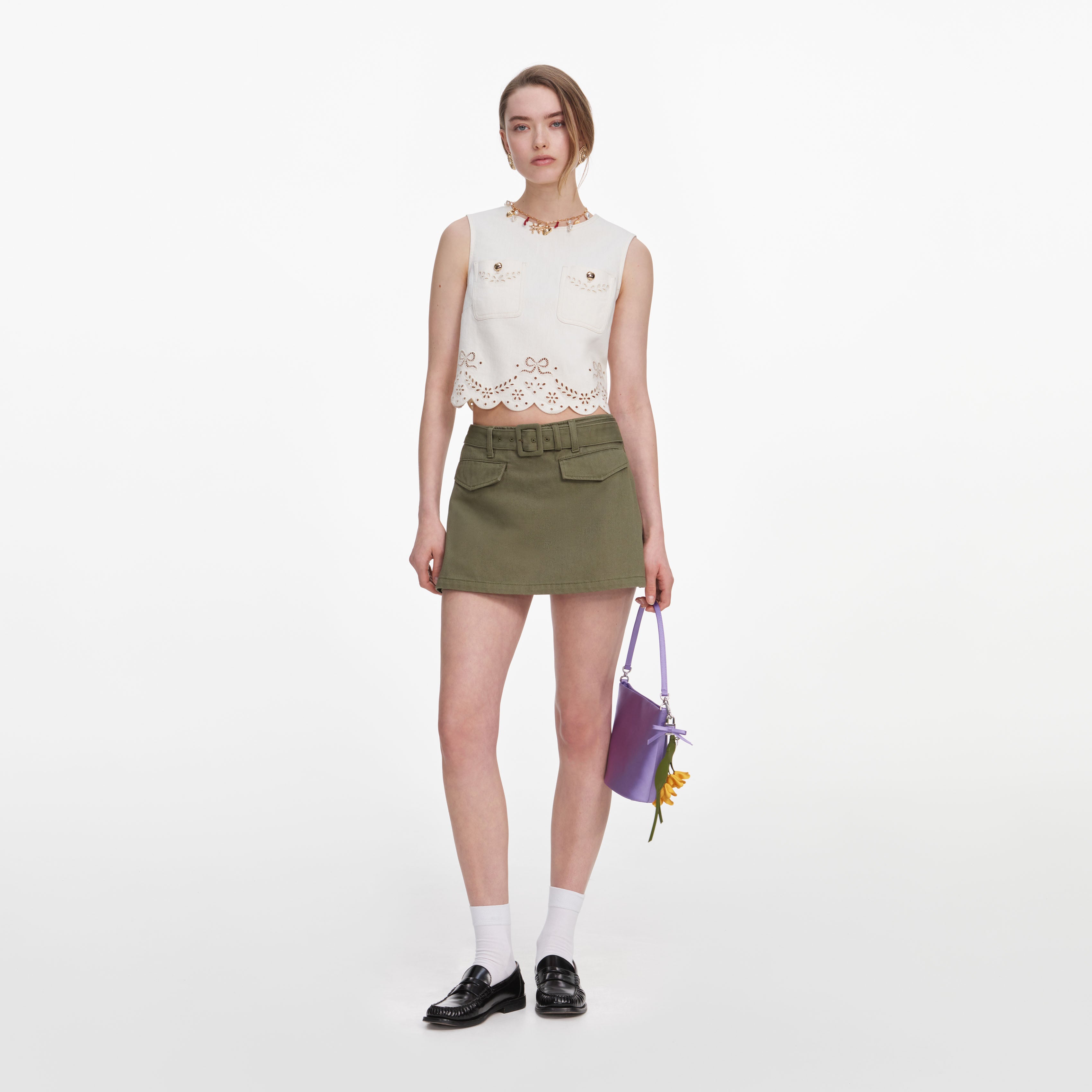 Self Portrait Denim Broderie Denim Top Creme Boxy