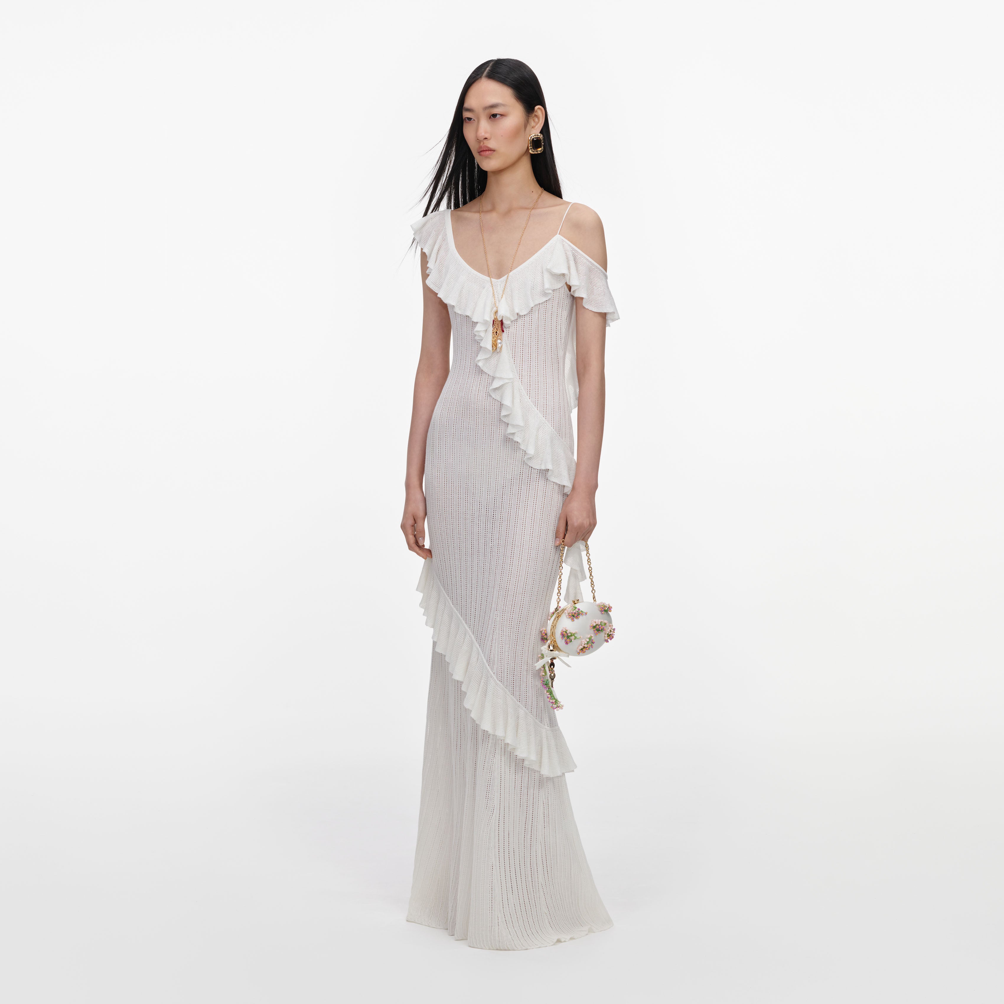 Self Portrait White Ruffle Knit Maxi Kleid Weiß
