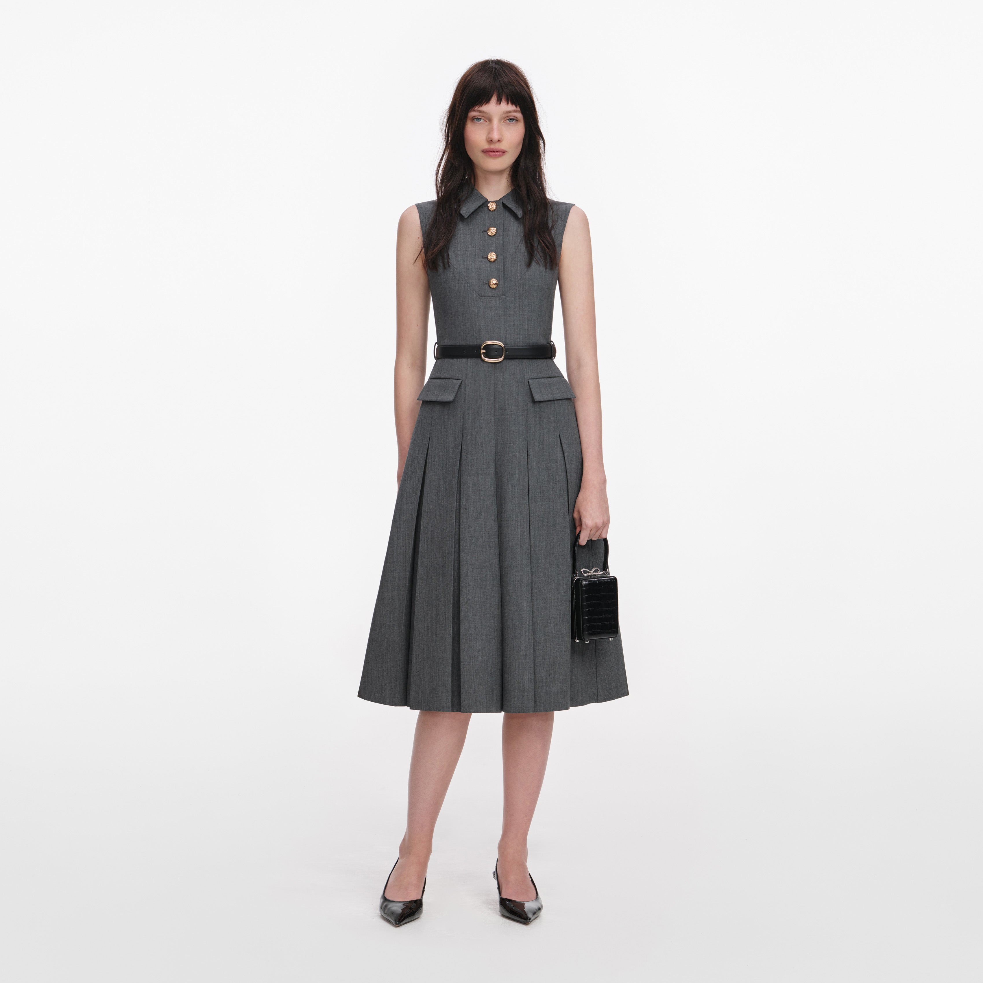 Self Portrait Grey Tailored Pleated Midi Kleid Grau Wolle